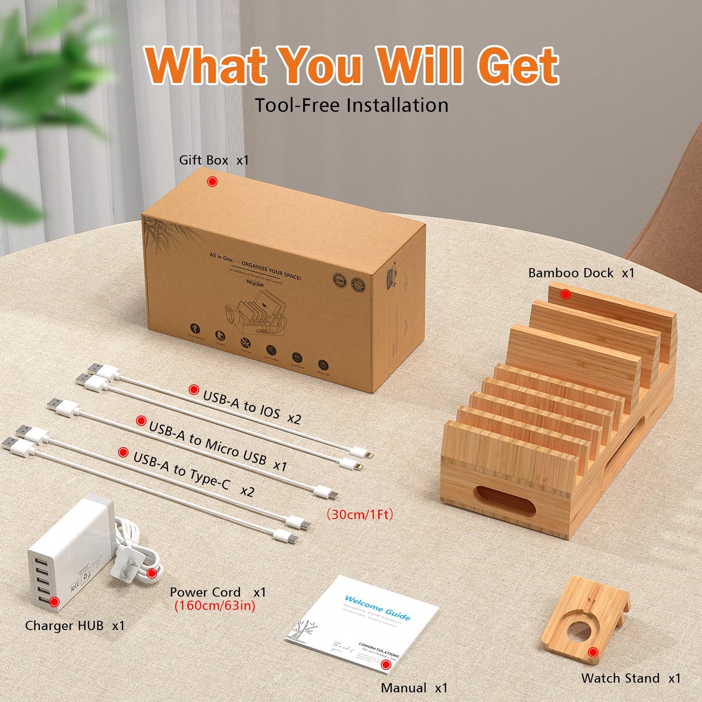 Pezin & Hulin Bamboo Charging Station Holder with 5 Port USB Charger, Watch Stand, Wood Dock Stand Organizer for Multiple Devices, Phones, Tablets, Laptop