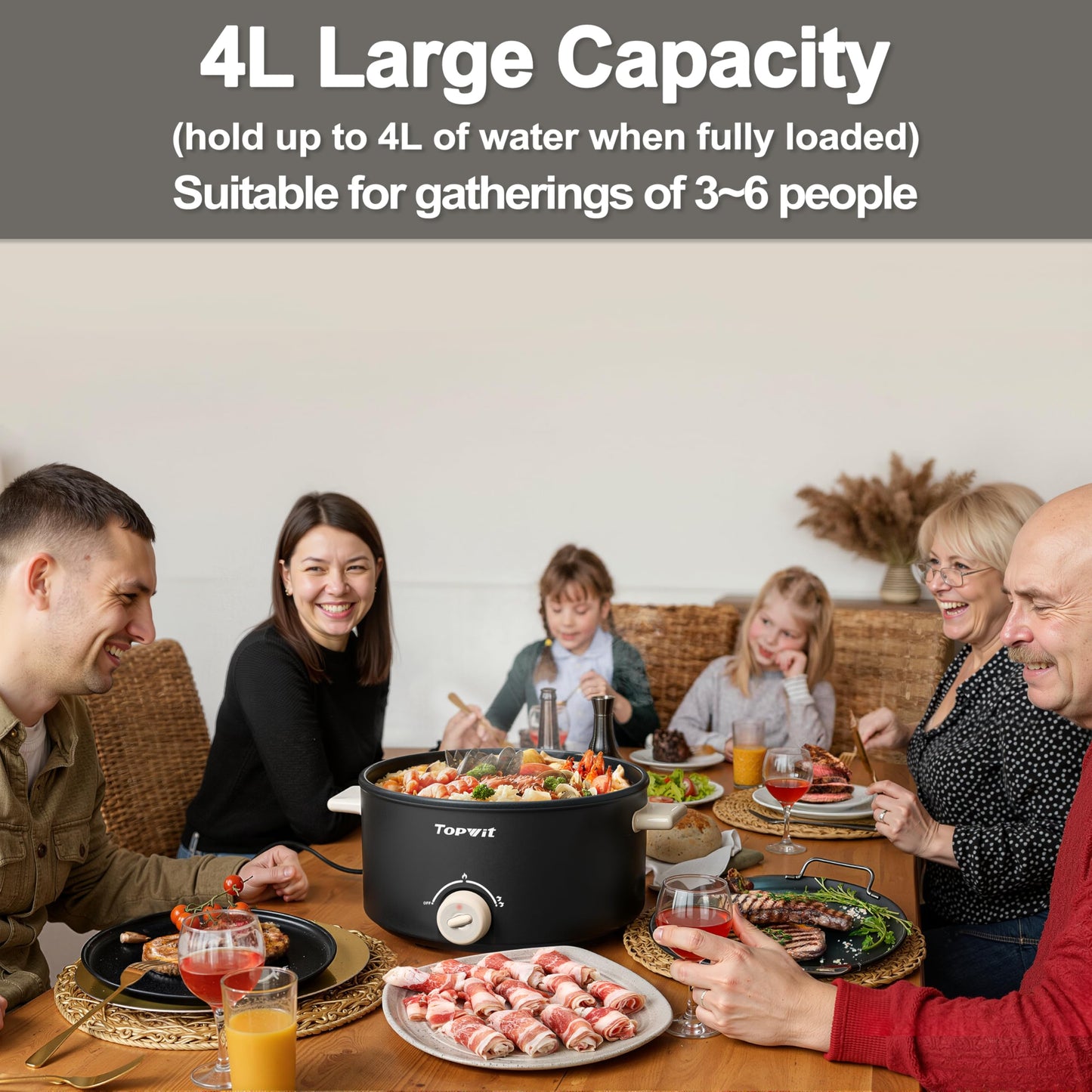 TOPWIT - 4.2 Quart Electric Pot with Non-Stick Coating, Dual Power Frying, Steak, Pasta, Multifunctional Large Capacity Shabu Shabu for Parties