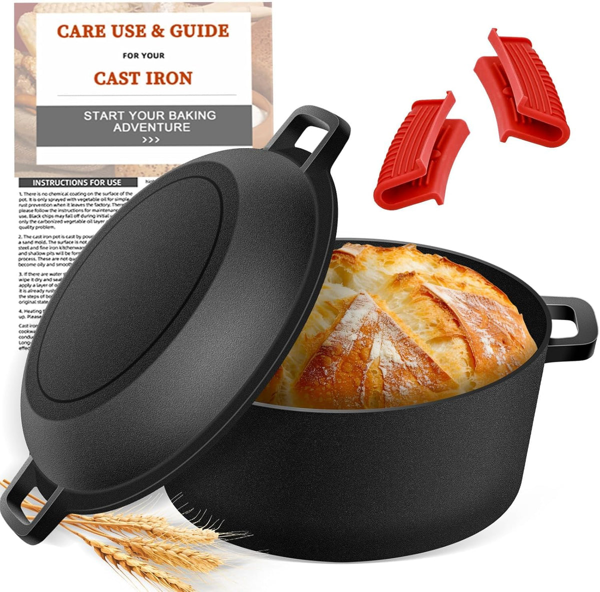 Cast Iron Pot Dutch Oven for Bread Baking, Cast Iron Casserole Dish with Lid Baking Cooking Supplies, 2-in-1 Dutch Oven Pot with Skillet, 5.2QT
