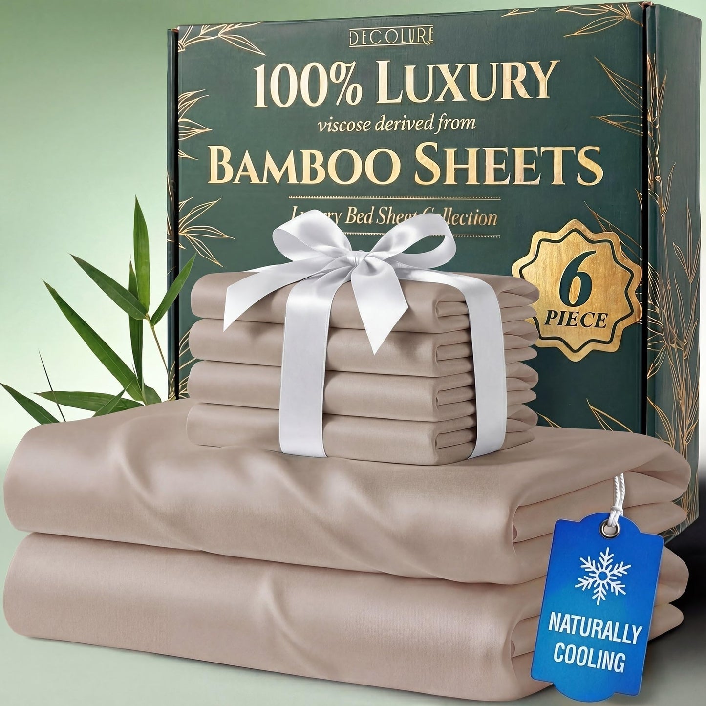 DECOLURE 100% Organic Viscose Derived from Bamboo Sheets King Size 6pcs - Ultra Soft & Luxuriously Cooling, 17" Deep Pocket, Double Stitching, Perfect for Hot Sleepers - King Bed Sheets (Taupe)