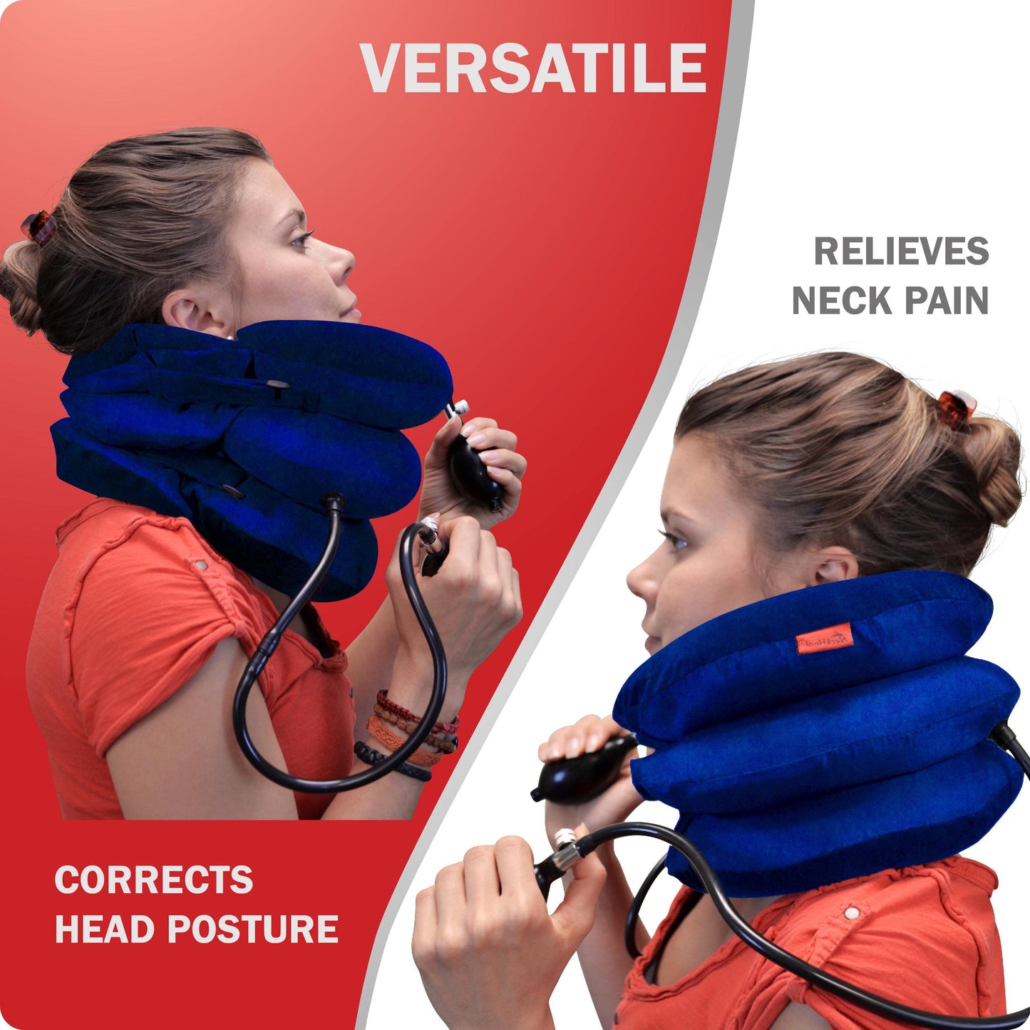 (2- Pump) Cervical Neck Traction Device – Premium 4-Way Targeting Neck Stretcher for Instant Pain Relief (Royal Blue)