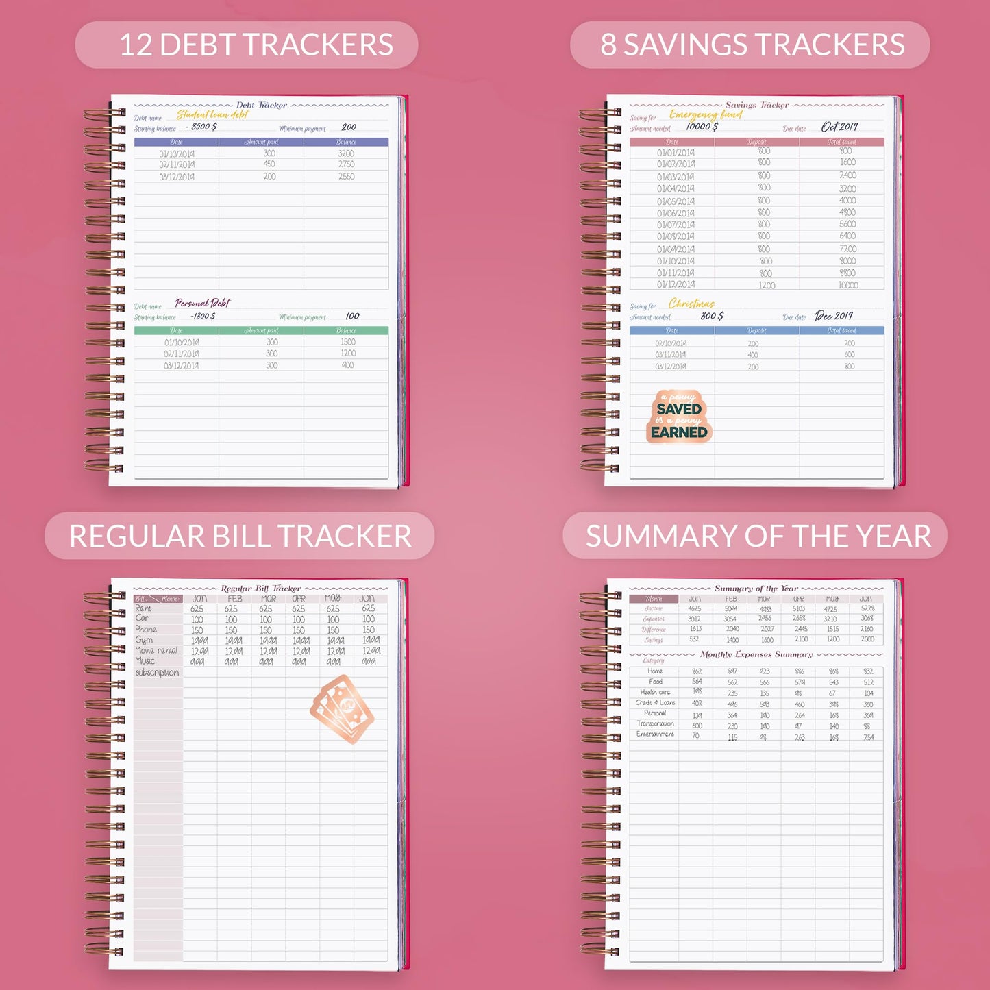 GoGirl Budget Planner & Monthly Bill Organizer – Monthly Financial Book with Pockets. Expense Tracker Notebook Journal to Control Your Money, A4-sized Spiral-bound Hardcover, Lasts 1 year – Hot Pink