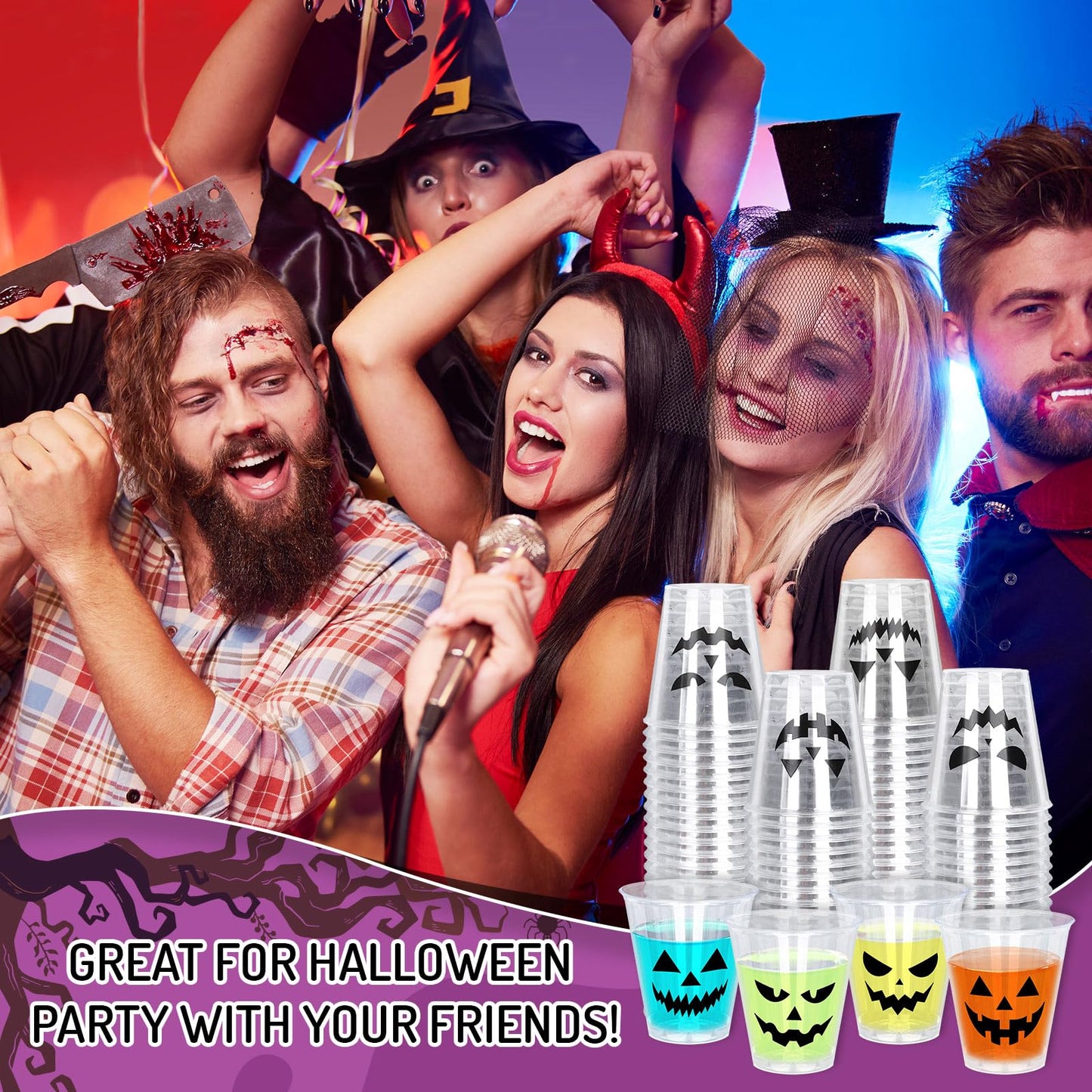 Whaline 80Pcs Halloween Plastic Shot Glass Bulk 2Oz Funny Pumpkin Face Mini Shot Cups Disposable Clear Drinking Tasting Sample Cup for Trick or Treat Party Supplies