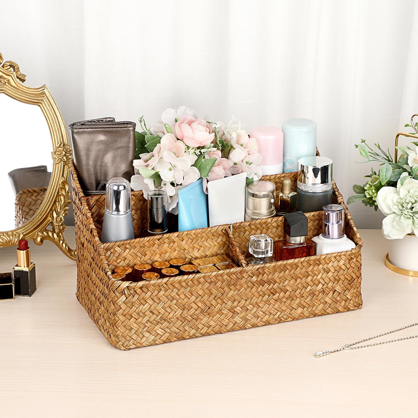 BTSKY Office Desk Organizer Natural Seagrass Desk Organizer with 4 compartments, Handmade Woven Wicker Mail Sorters, Office Supply Caddy Accessories Holder Organizer for School, Home, Office Supplies