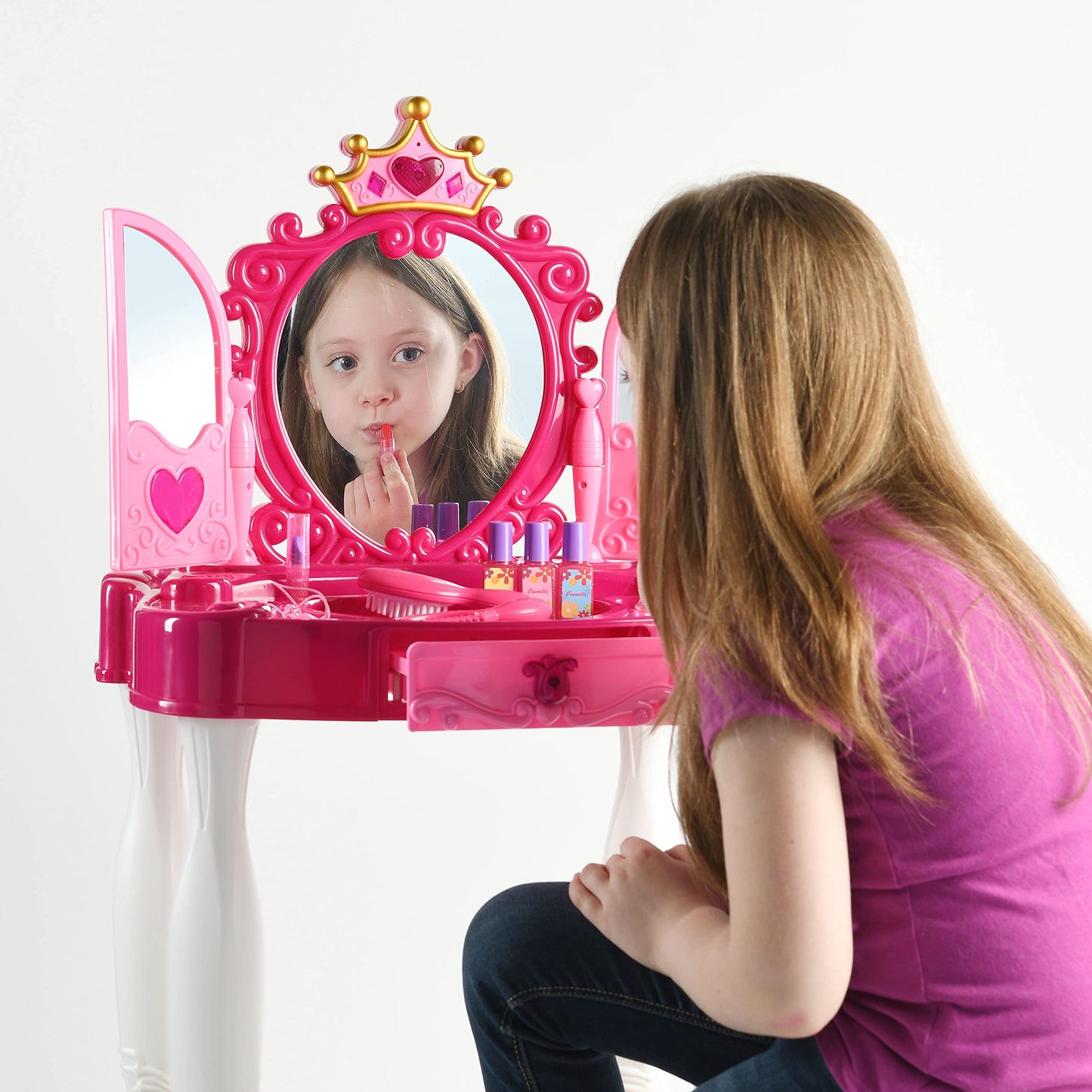 Play22 Pretend Play Girls Vanity Set with Mirror and Stool 20 PCS - Kids Makeup Vanity Table Set with Lights and Sounds - Kids Beauty Salon Set Includes Fashion Hair & Makeup Accessories & Blowdryer