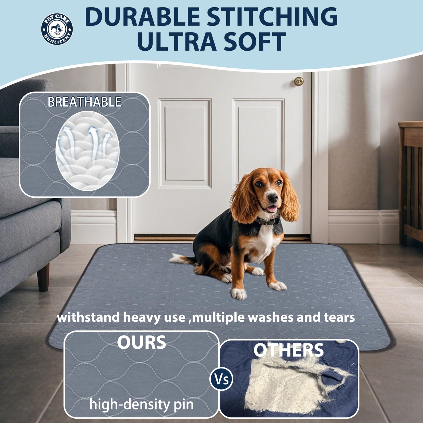 Bunlitent Washable Pee Pads for Dogs, 36x48 Reusable Puppy Pads with Fast Absorbent, Waterproof Reusable Pee Pads for Whelping, Traing, Incontinence and Potty, 3 Pack, Grey.