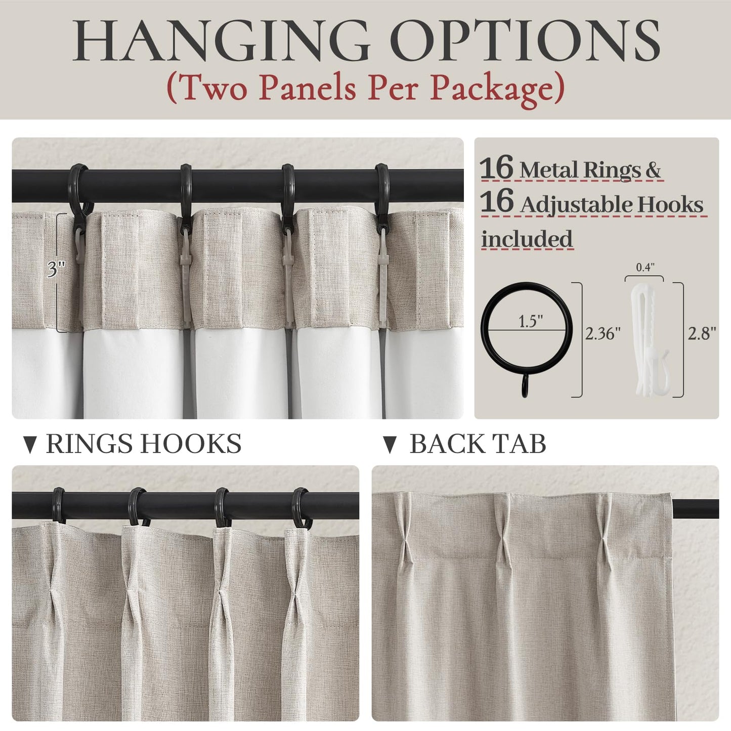 Natural Linen Pinch Pleated Blackout Curtains & Drapes 96 Inch Long Bedroom/Livingroom Farmhouse Curtains 2 Panel Sets, Neutral Track Room Darkening Thermal Insulated 8ft Back Tab Window Curtain