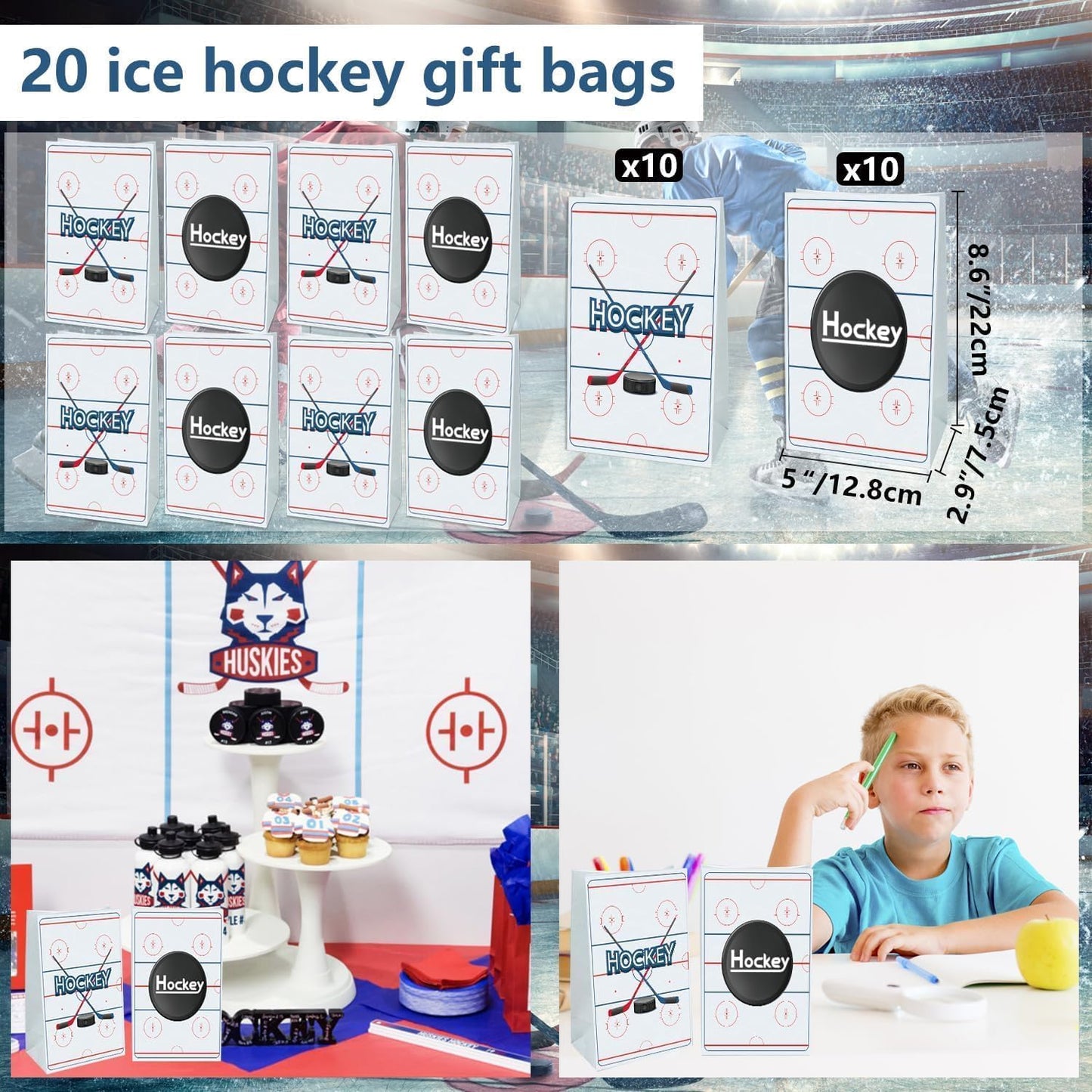 Hockey Party Favors 130Pcs Hockey Party Supplies Foam Hockey Balls, Silicone Wristbands, Hockey Theme Stickers, Hockey Gift Bags, Hockey Keychains, Gifts for Kids Students Boy Birthday Hockey Party