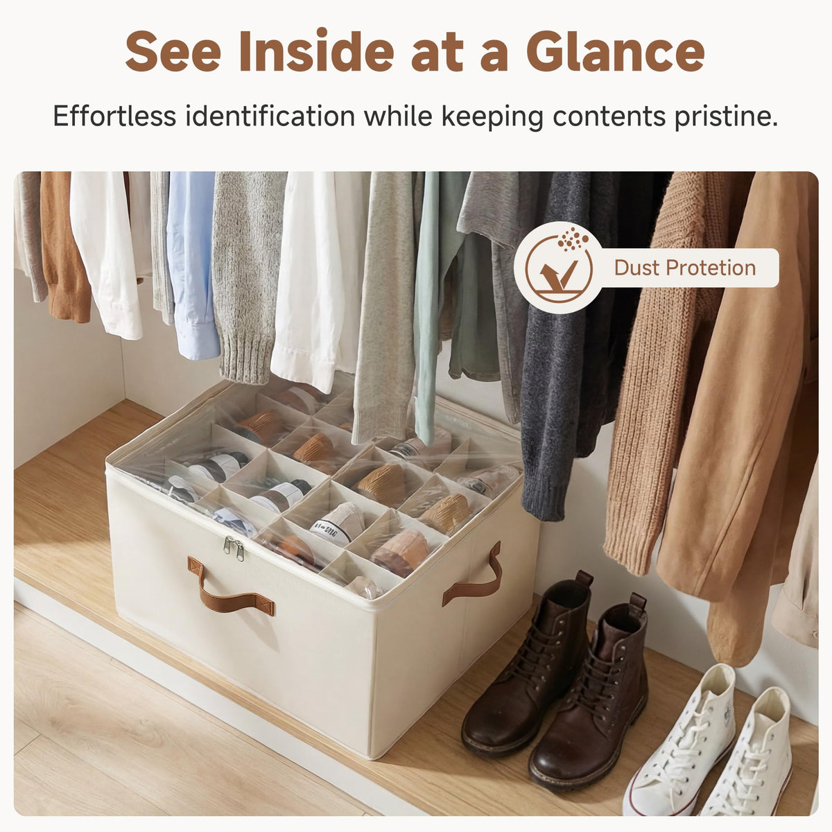 StorageWorks Collapsible Shoe Organizer for Closet, Shoe Box for Cabinet, Fits up to 16 Pairs, Shoe Cubby Storage Container with Adjustable Dividers and Clear Cover, Rangement Chaussures, Beige