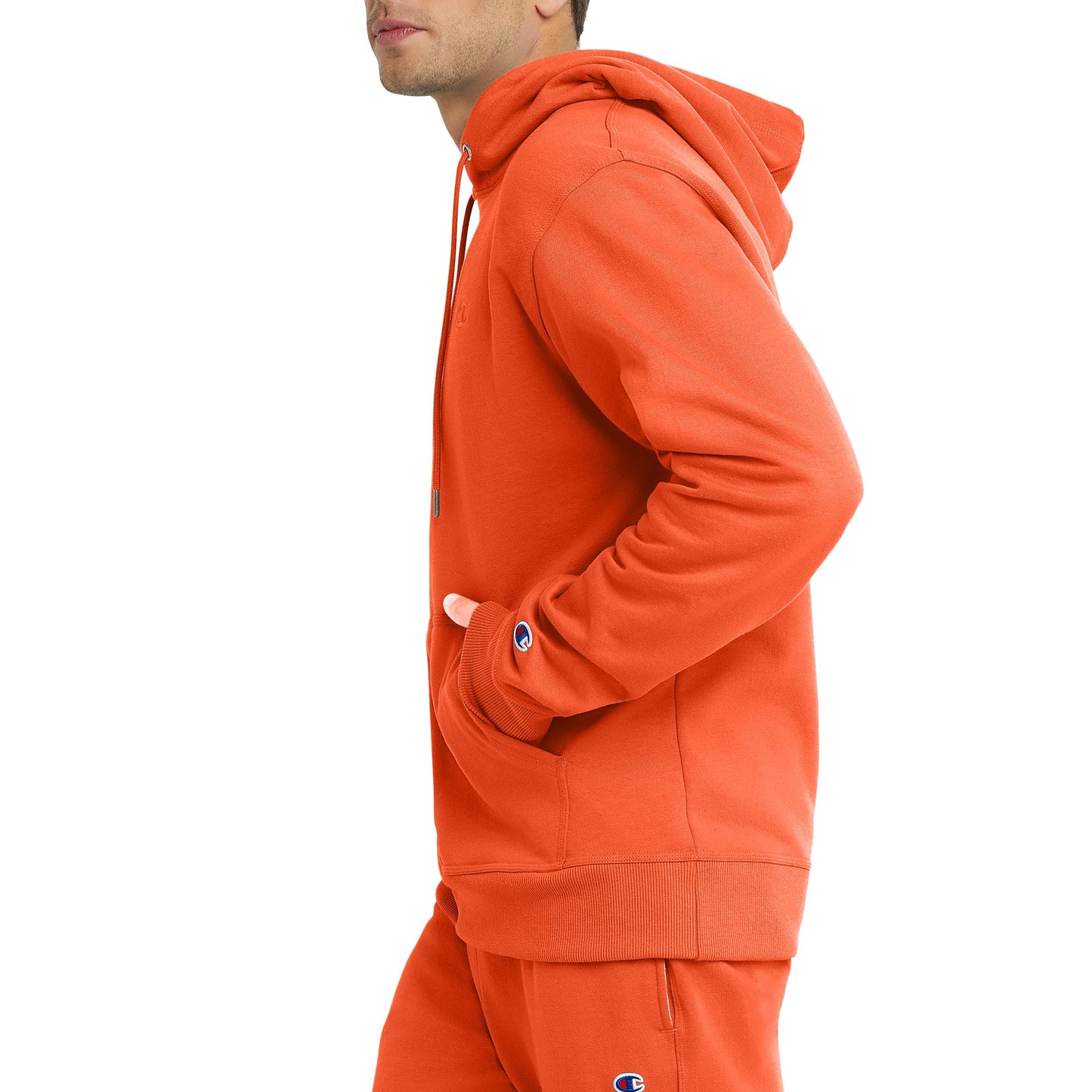 Champion, Powerblend, Fleece Comfortable Hoodie, Sweatshirt for Men (Reg. Or Big & Tall), Spicy Orange C Logo, Large