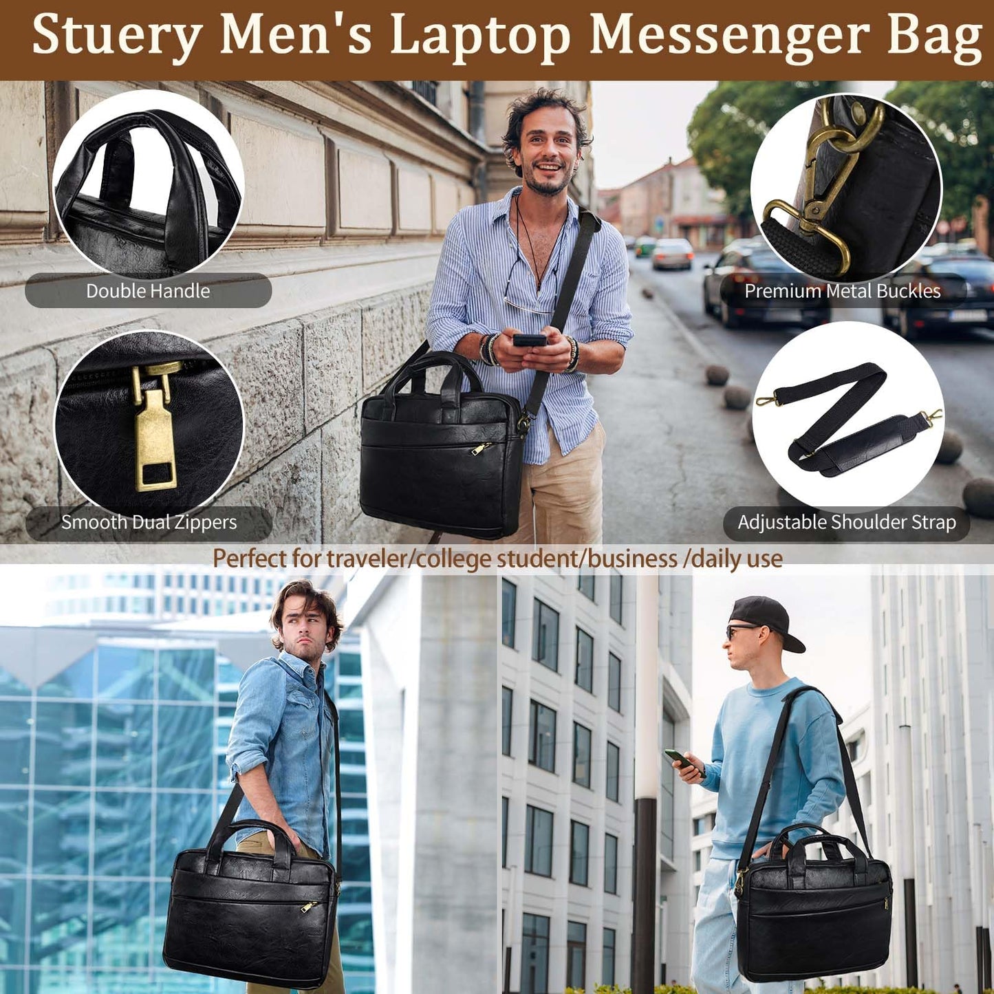 Faux Leather Messenger Bag for Men 17-17.3 Inch: Laptop Bag Briefcase Computer Handbags Shoulder Crossbody Bag with Padded Laptop Sleeve for Work College, PU Black