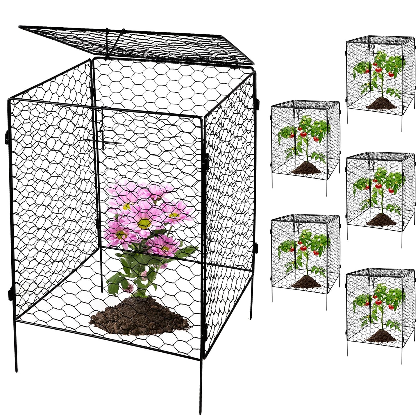 Kalolary 5 Packs Plant Protectors with Cover from Animals, 20''Large Square Wire Plant Cage Metal Garden Plant Protection Chicken Wire Cloche for Plant Flowers Vegetable (20'' x12.6''x 12'')