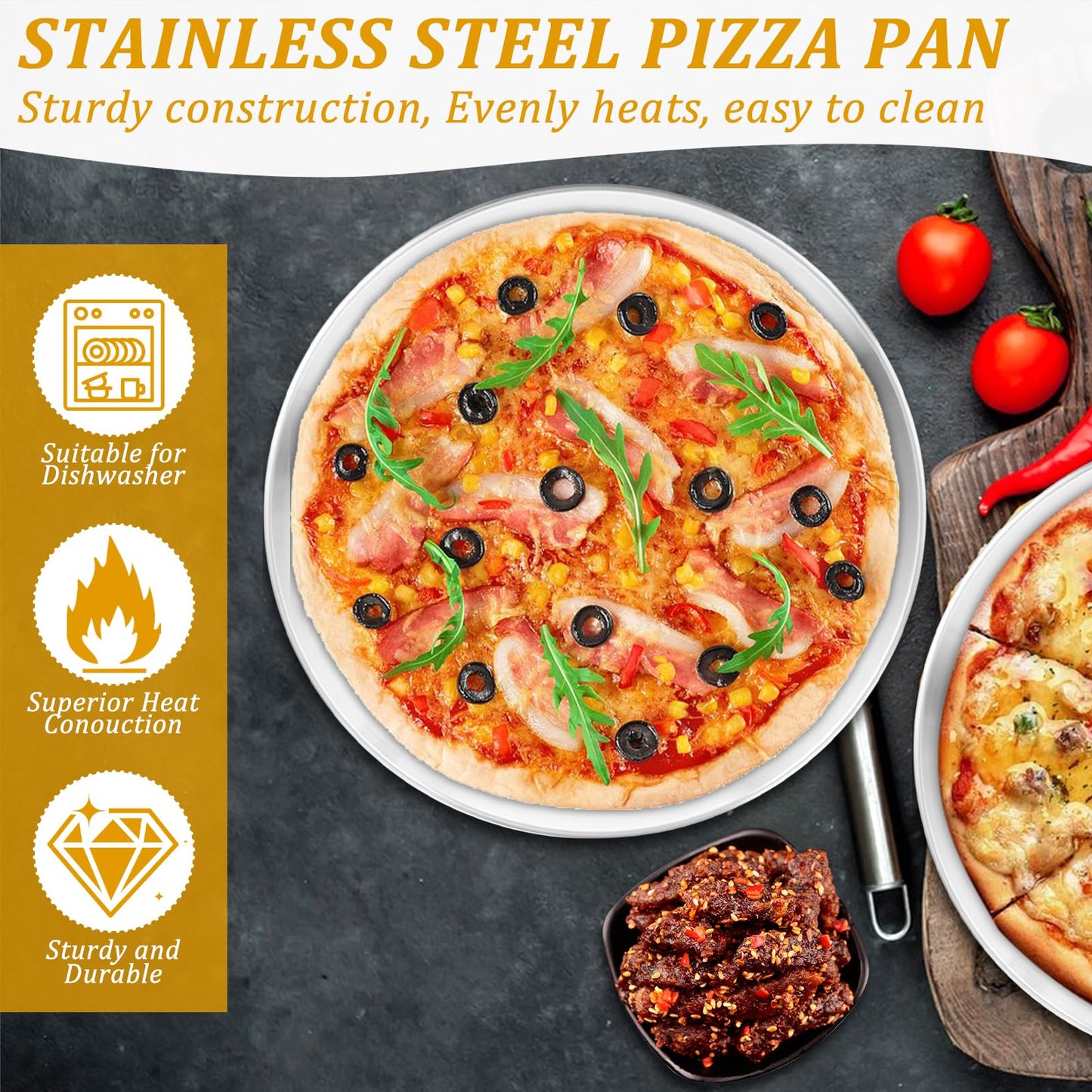 12 Pcs Pizza Pan Riser Stands Sets Includes 4 Round Pizza Tray Riser Rack Holder 4 12inch Pizza Pan and 4 Wood Handle Pie Server, Pizza Rack Stand Pizza Tray for Home and Party