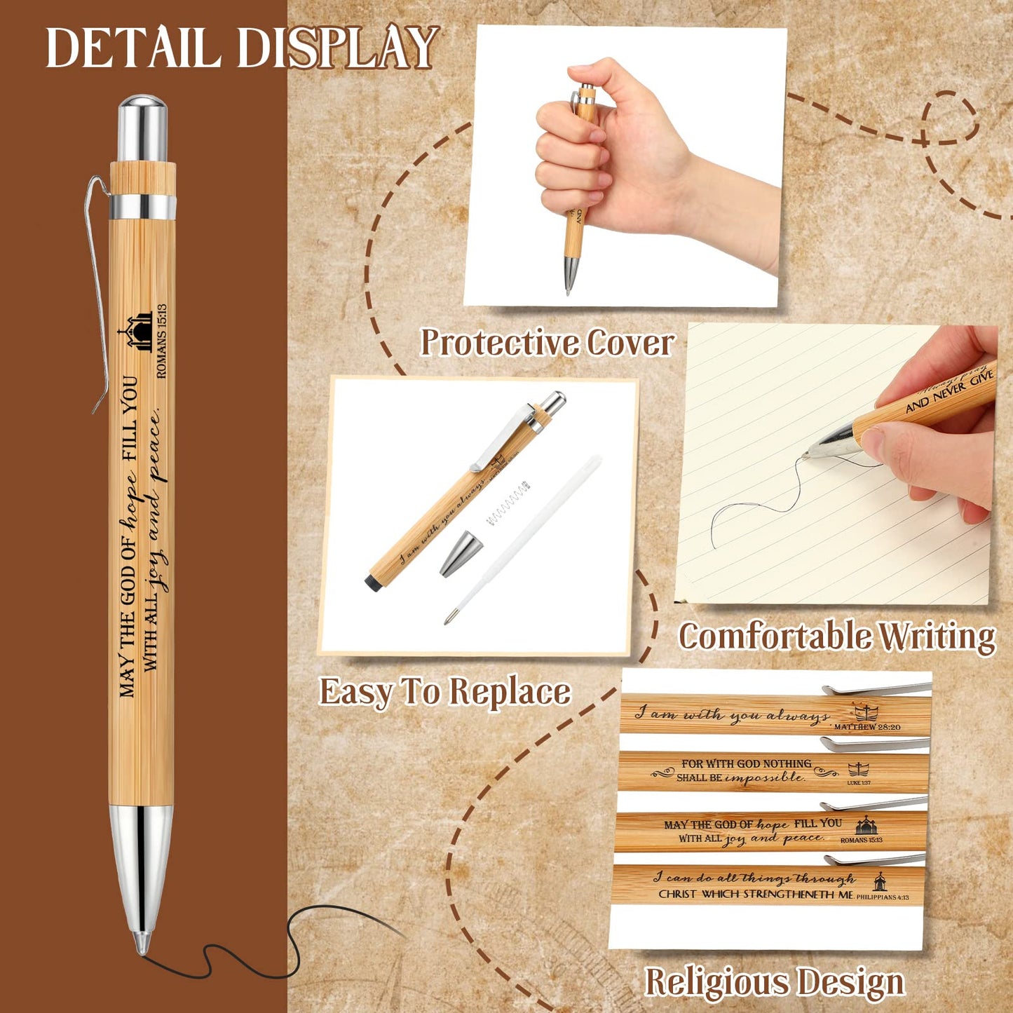 Fumete 50 Pcs Fathers Day Christian Gift Bible Verse Bamboo Pen Wooden Inspirational Quotes Ballpoint Pen Bulk Religious Church Gifts for Women Graduation Pastor Teacher(Natural,English)