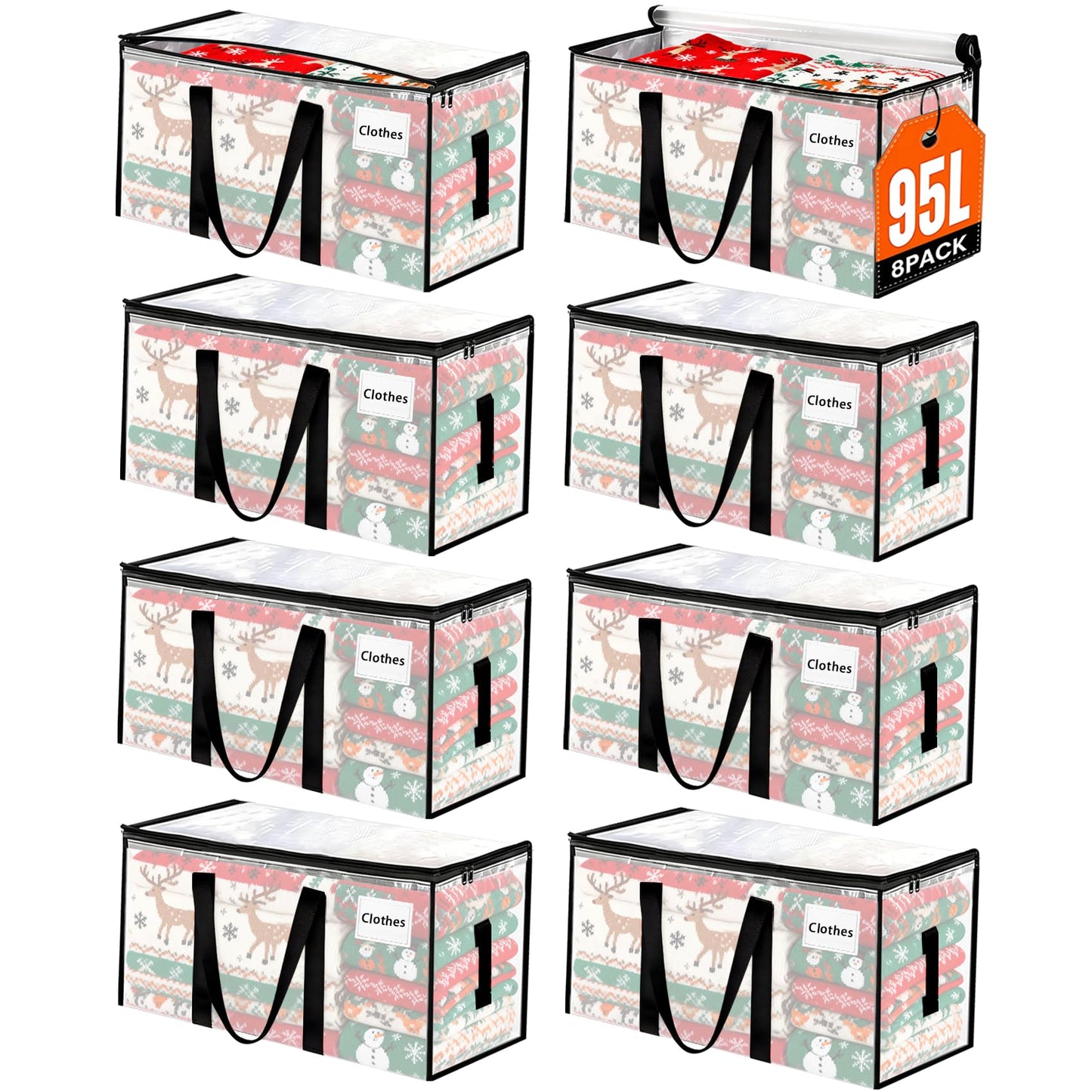 8 Pack Extra Large Heavy Duty Moving Bags,Clear Large Storage Bags with Lids,Moving Boxes with Zippers & Reinforced Handles,Transparent Packing Bags for College Dorm,Traveling,Christmas Decorations