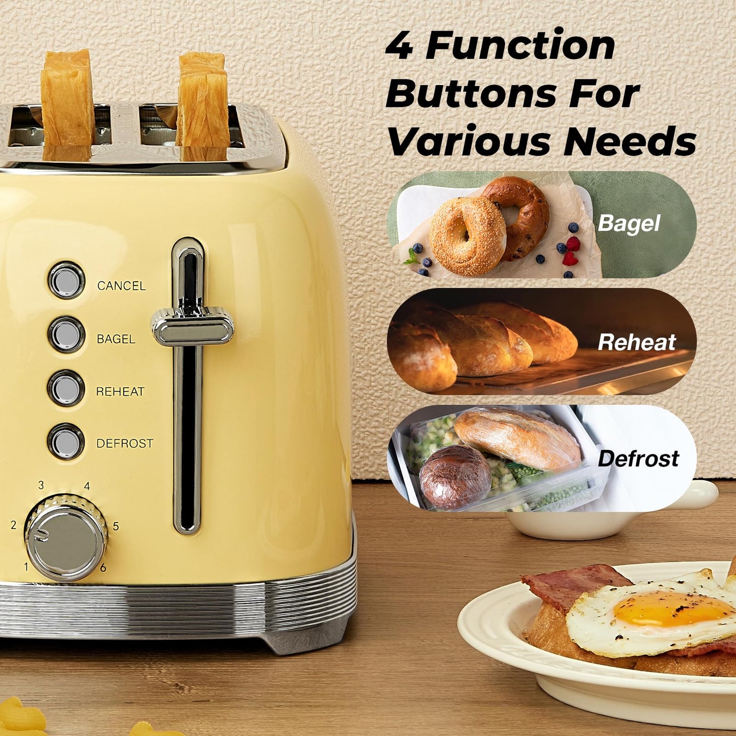 Culinaid 2 Slice Toaster Retro Stainless Steel with 1.5” Extra Wide Slots Bagel, Defrost, Reheat, Cancel Function, 6 Bread Shade Settings, Removable Crumb Tray, Yellow