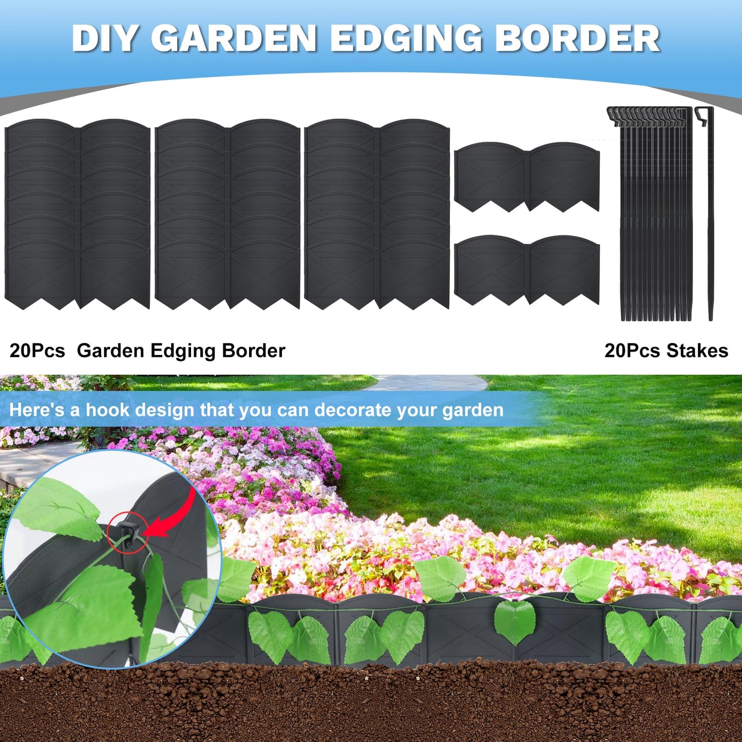 Vashly 20Pcs Black Garden Edging Border, Plastic Garden Edging with 20Ft Length and 20Pcs Anchoring Stakes Kit for Lawn, Flower Garden, Outdoor Patio, Pathway