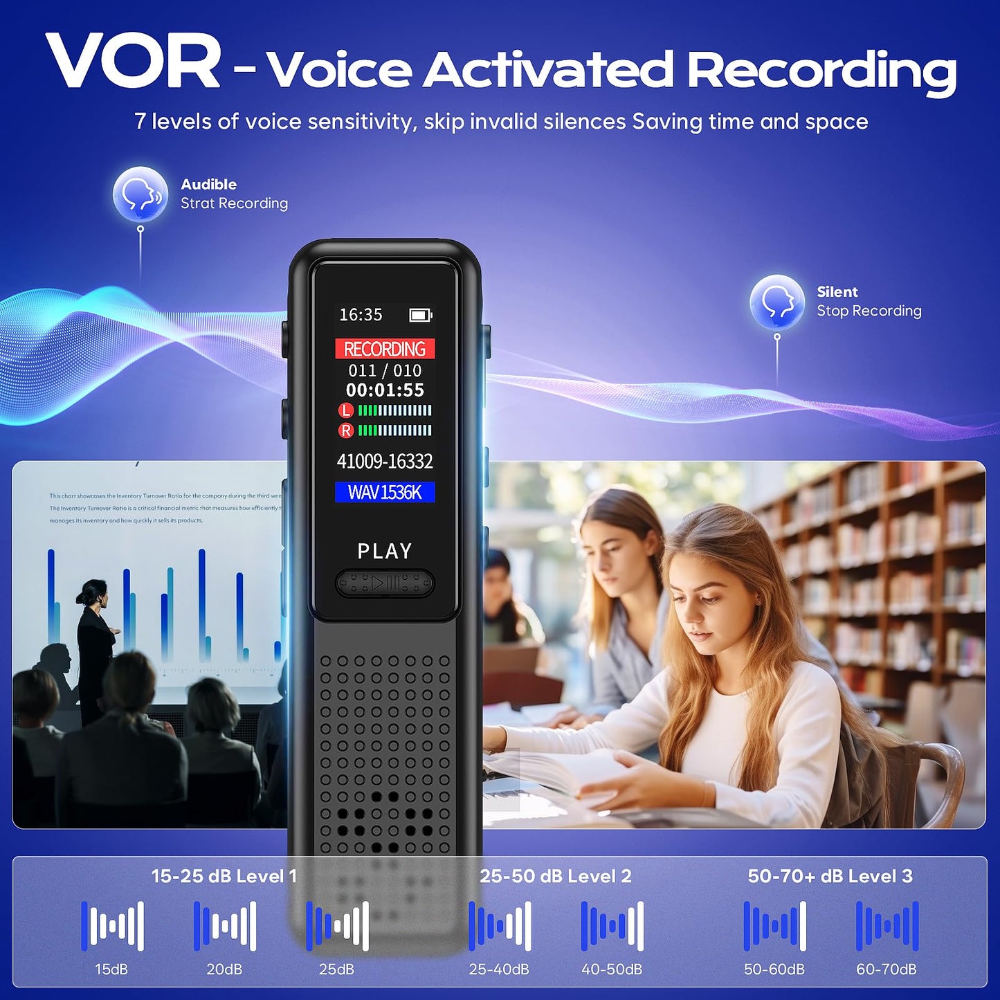 128GB Voice Recorder - ZIPCIDE Digital Voice Activated Recorder with Intelligent Noise Reduction, Professional Dictaphone Tape Recorder Device with Playback for Lectures Meeting/Classes/Interview
