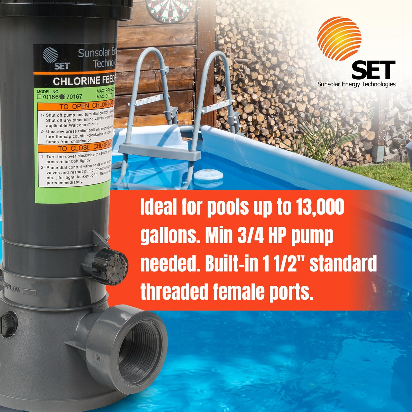 SUNSOLAR Automatic Chlorinator for Above Ground Pools and In-Ground Pools- Free Standing in-Line - Dispenser Holds 4.2lbs