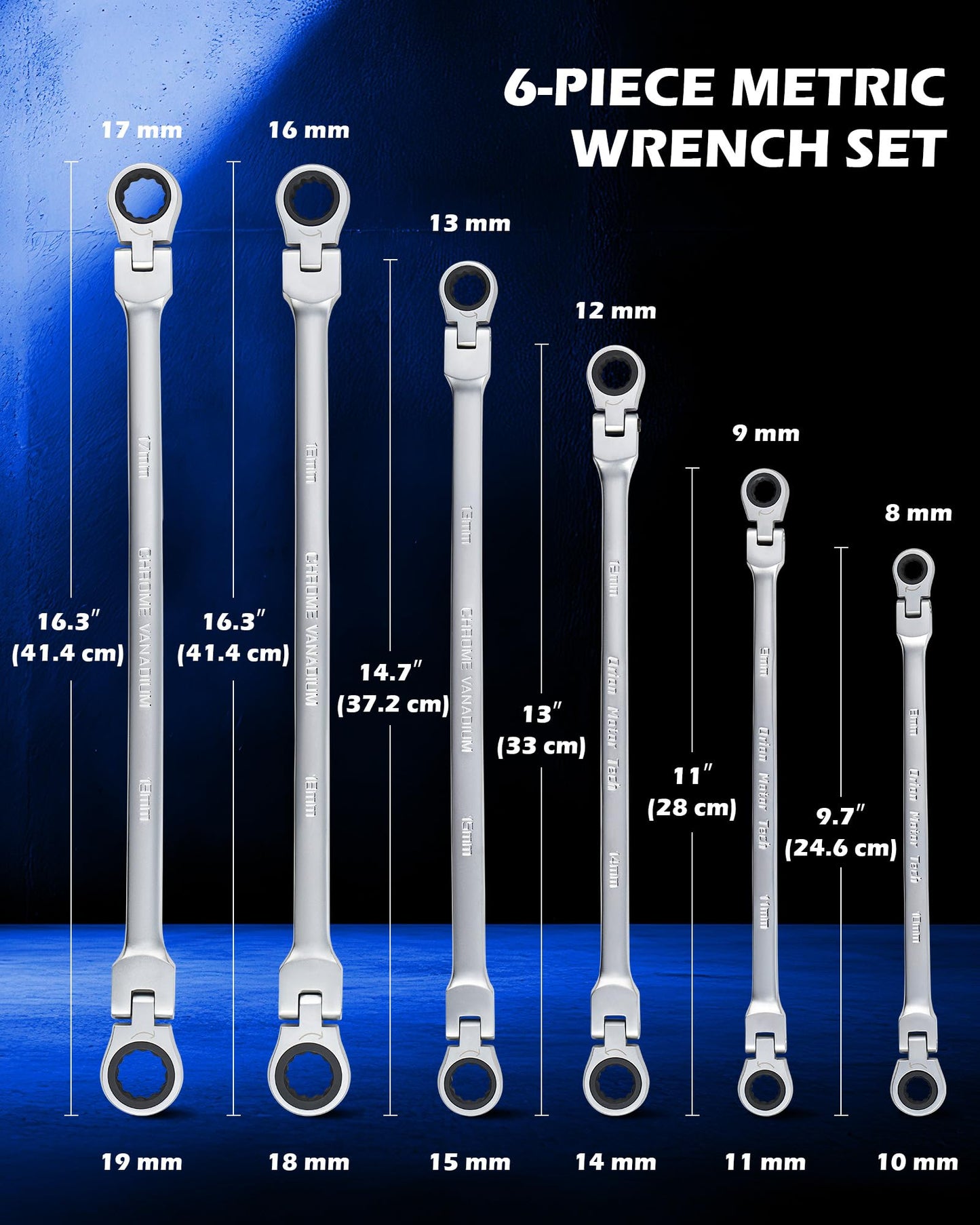 Orion Motor Tech Flex-Head Extra Long Gear Ratcheting Box End Wrench 6 Set, Metric XL Extended Long Handle, 9-5/8" to 16-1/2" Length, 8mm 10mm 12mm 13mm 14mm 15mm 16mm 17mm 18mm 19mm - 6pcs & 12 Sizes