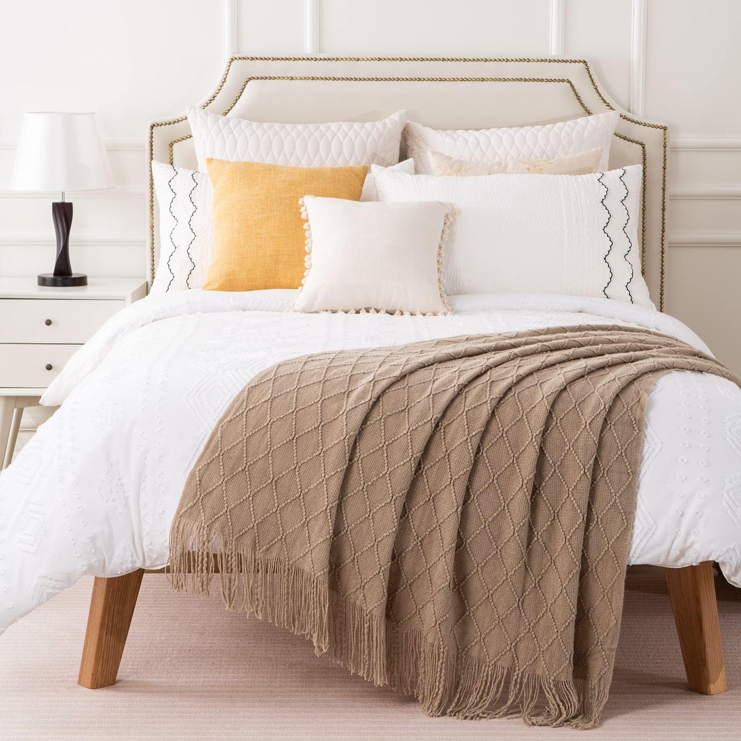 BATTILO HOME Beige Throw Blanket for Sofa Couch Office Living Room Home Decor Lightweight Textured Soft Cozy Knit Throw with Tassels Suitable All Seasons 50"x60"