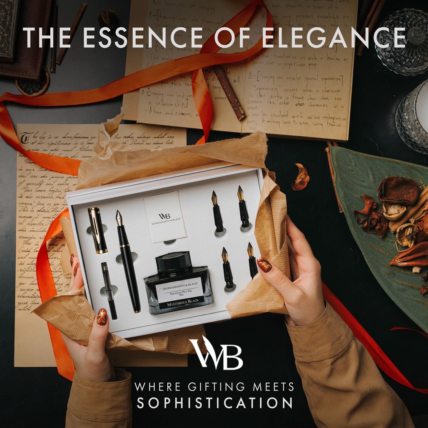 Wordsworth & Black Fountain Pen Gift Set, Includes Ink Bottle, 6 Ink Cartridges, Ink Refill Converter, 4 Replacement Nibs, Premium Package, Journaling, Calligraphy, Smooth Writing Pens [Black Gold]