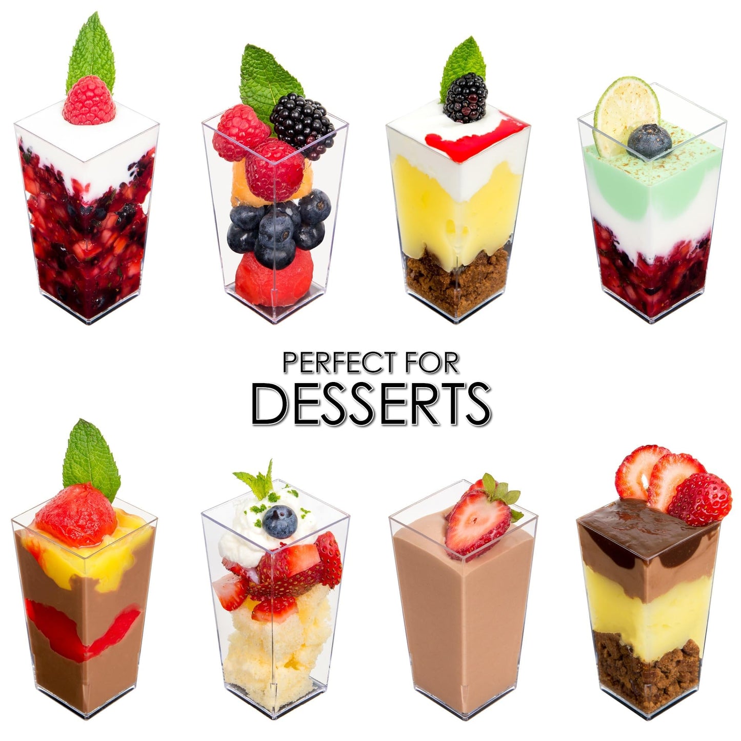 DLux 100 x 3 oz Mini Dessert Cups with Spoons and Lids,Square Tall- Clear Parfait Appetizer Cup Small Reusable Serving Bowl for Party -with Recipe Ebook