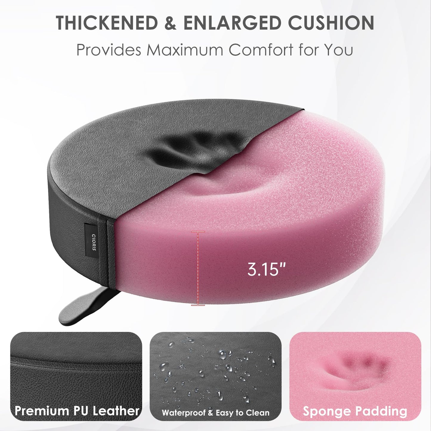 CLORIS Round Rolling Stool Hold up to 440 LBS Height Adjustable Swivel Chair Metal Feet with Wheels for Spa, Massage, Salon, Home, Office, Medical, Tatoo, Bar Black