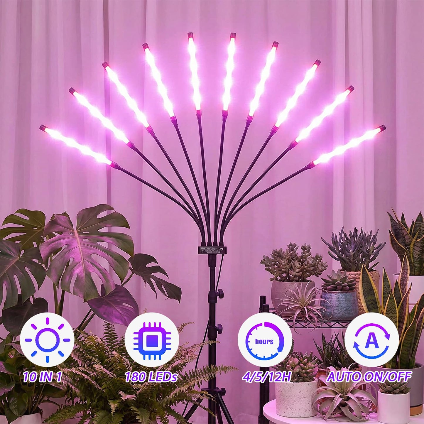 mychoiii Grow Lights for Indoor Plants,10 Heads Red Blue White Full Spectrum Plant Light with 15-60" Adjustable Tripod Stand,Adjustable Gooseneck, Indoor Grow Lamp with 4/8/12H Timer Function