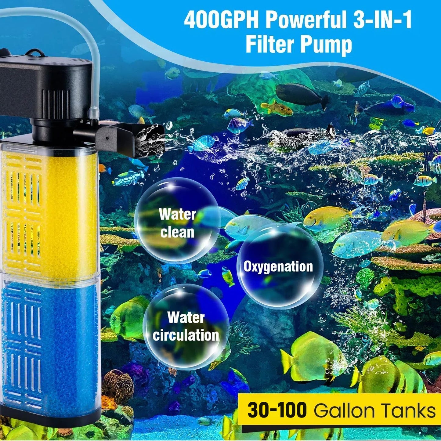 Aquarium Filter for 30-100 Gallons, Ultra-Quiet Fish Tank Filters Biochemical Filtration 400GPH Powerful Pump Submersible Sponge Filter for Large Fish & Turtle Tanks Water Clear Air Supply