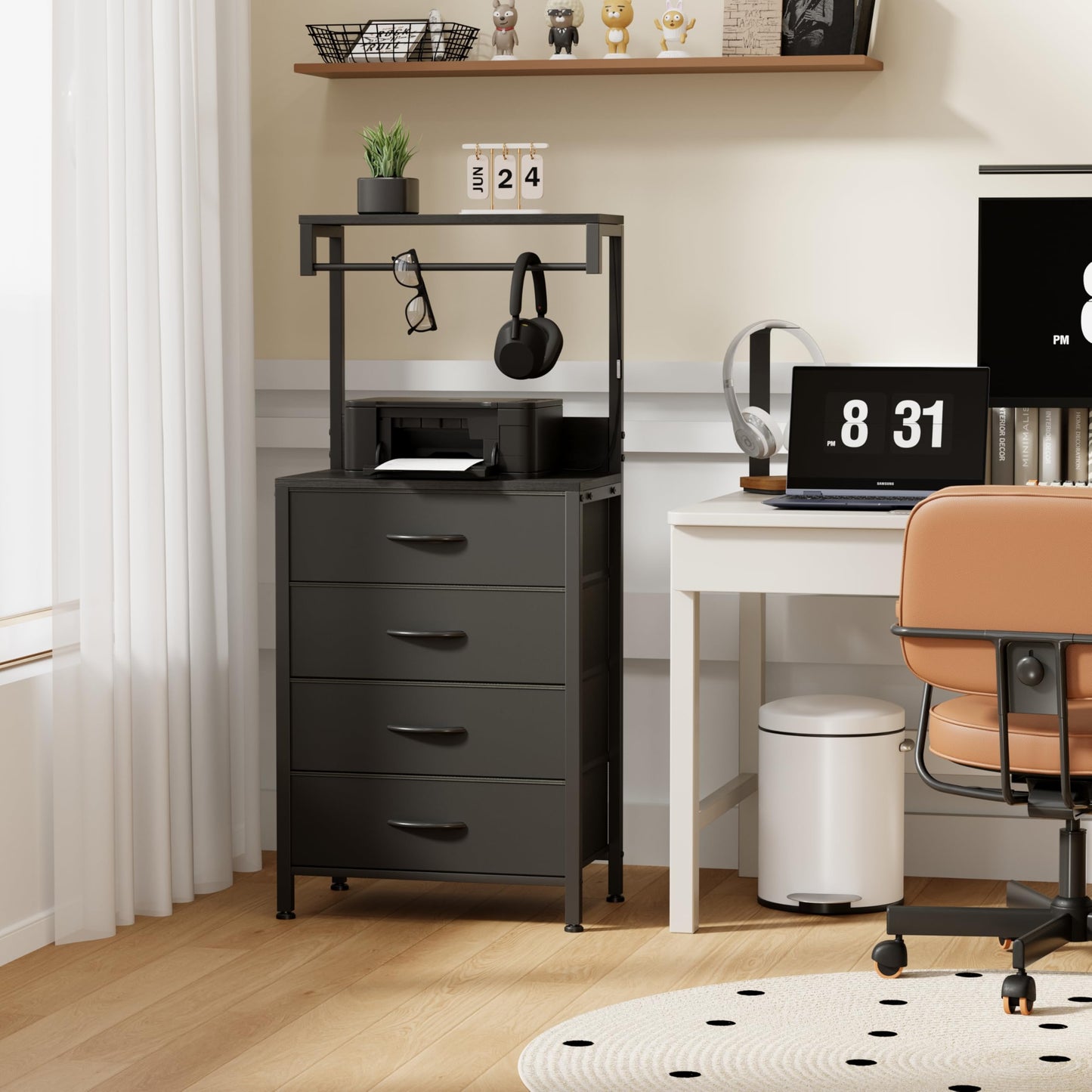 SJAVX Night Stand with Charging Station, End Table with LED Light, Small Bedside Table with Wood Shelf, 4 Fabric Drawers Side Table for Bedroom, Black