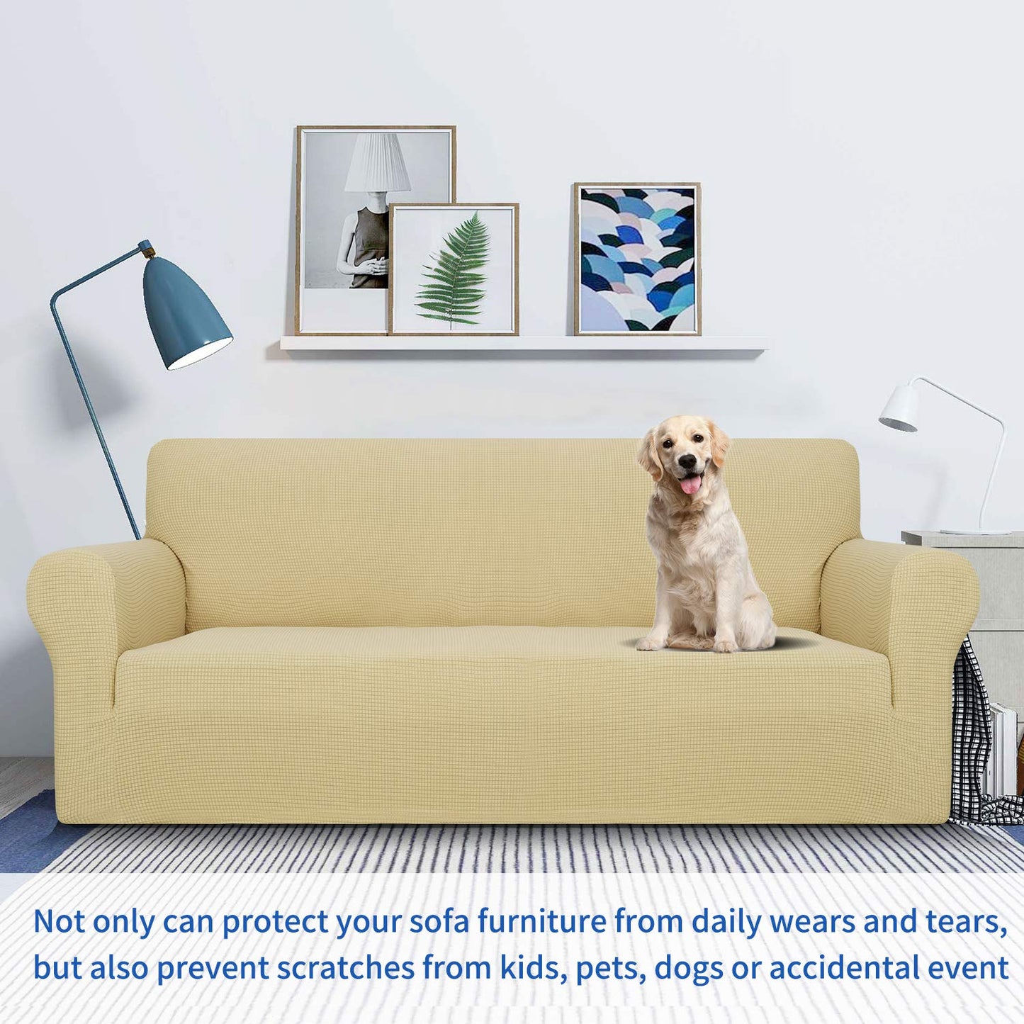 MAXIJIN Super Stretch Couch Cover for 3 Cushion Couch, 1 Piece Universal Sofa Covers Living Room Jacquard Spandex Furniture Protector Dogs Pet Friendly Fitted (Large, Beige)