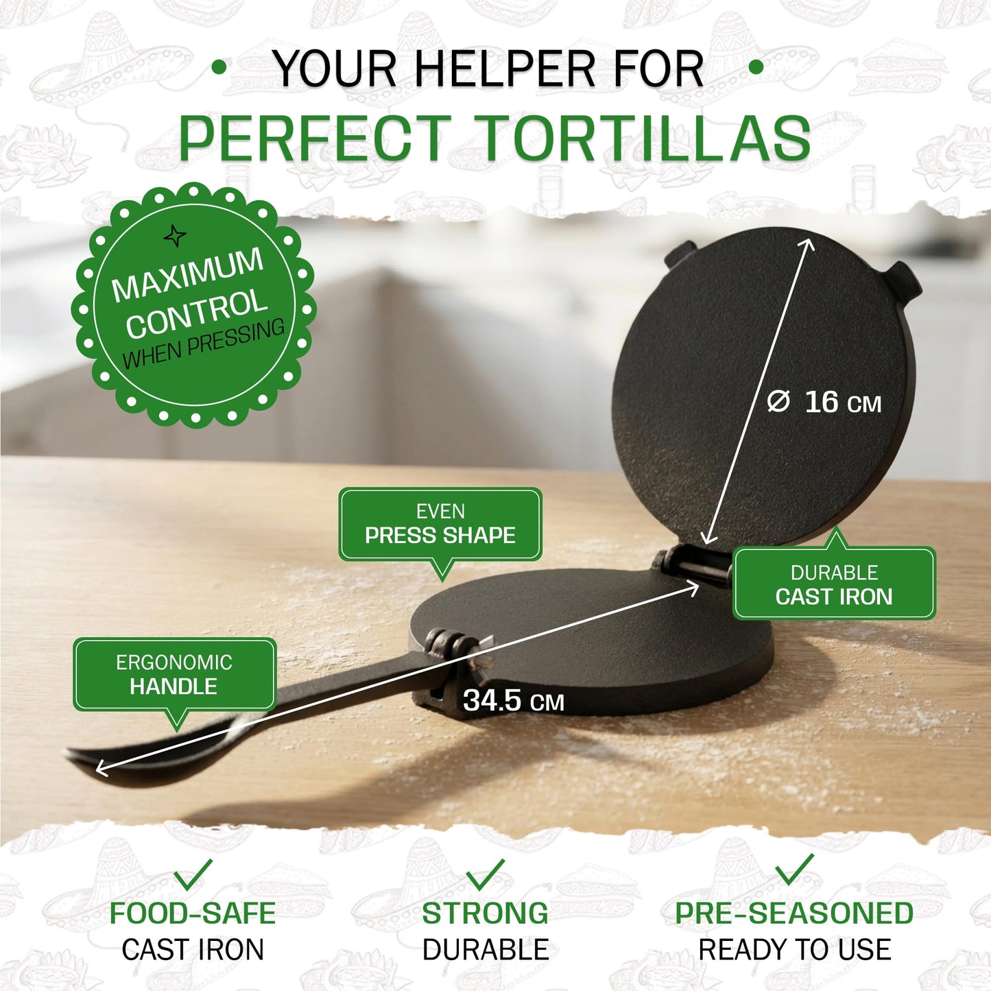 Tortillada – Premium Tortilla Press Cast Iron with Recipes E-Book (16 cm)