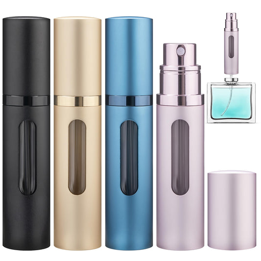 Qavhun Travel Perfume Atomizer - 4-Pack 5ml Leakproof Refillable Bottle, Fragrance Spray (Black, Gold, Blue, Pink)