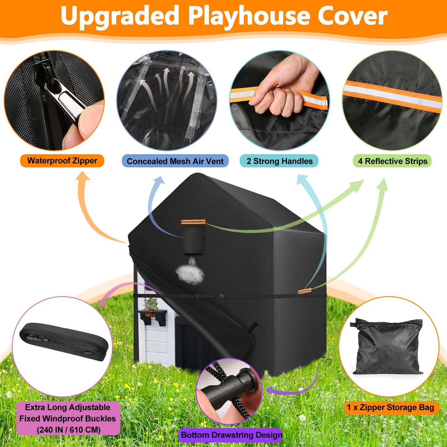 Playhouse Covers,Heavy Duty 420D Oxford Kids Play House Cover Waterproof,Universal House Cover for Little Tikes and Step2 with Side Zipper Easy to Put on,Air Vent,4 Reflective Strips,Windproof Buckle
