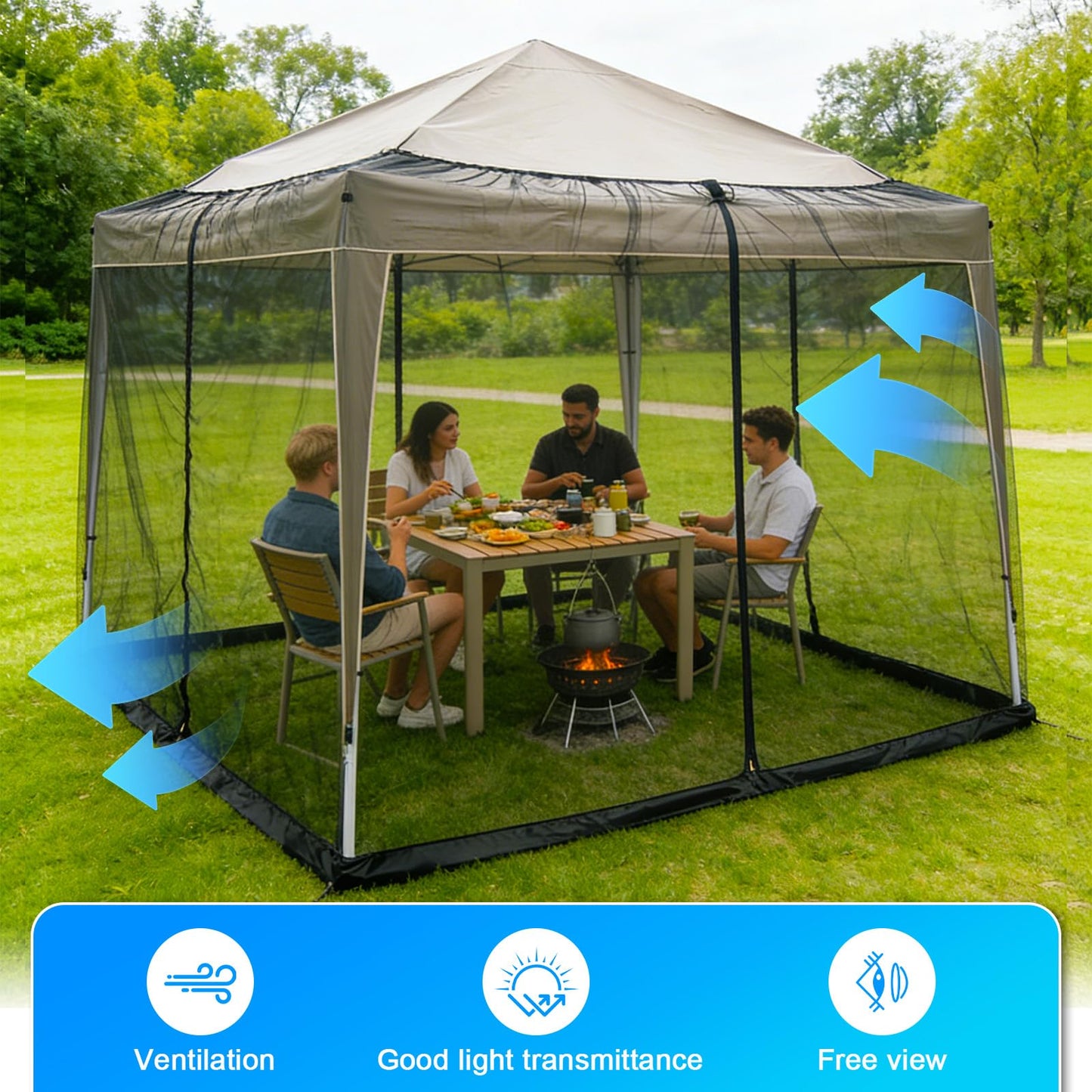 Patio Umbrellas Netting, 10' x 10' Gazebo Mosquito Netting, Otdoor Canopy Umbrella Screen, Hanging Mesh Tent with Double Zipper Door & Adjustable Rope & Weighted Bottom (Only Mosquito Net)