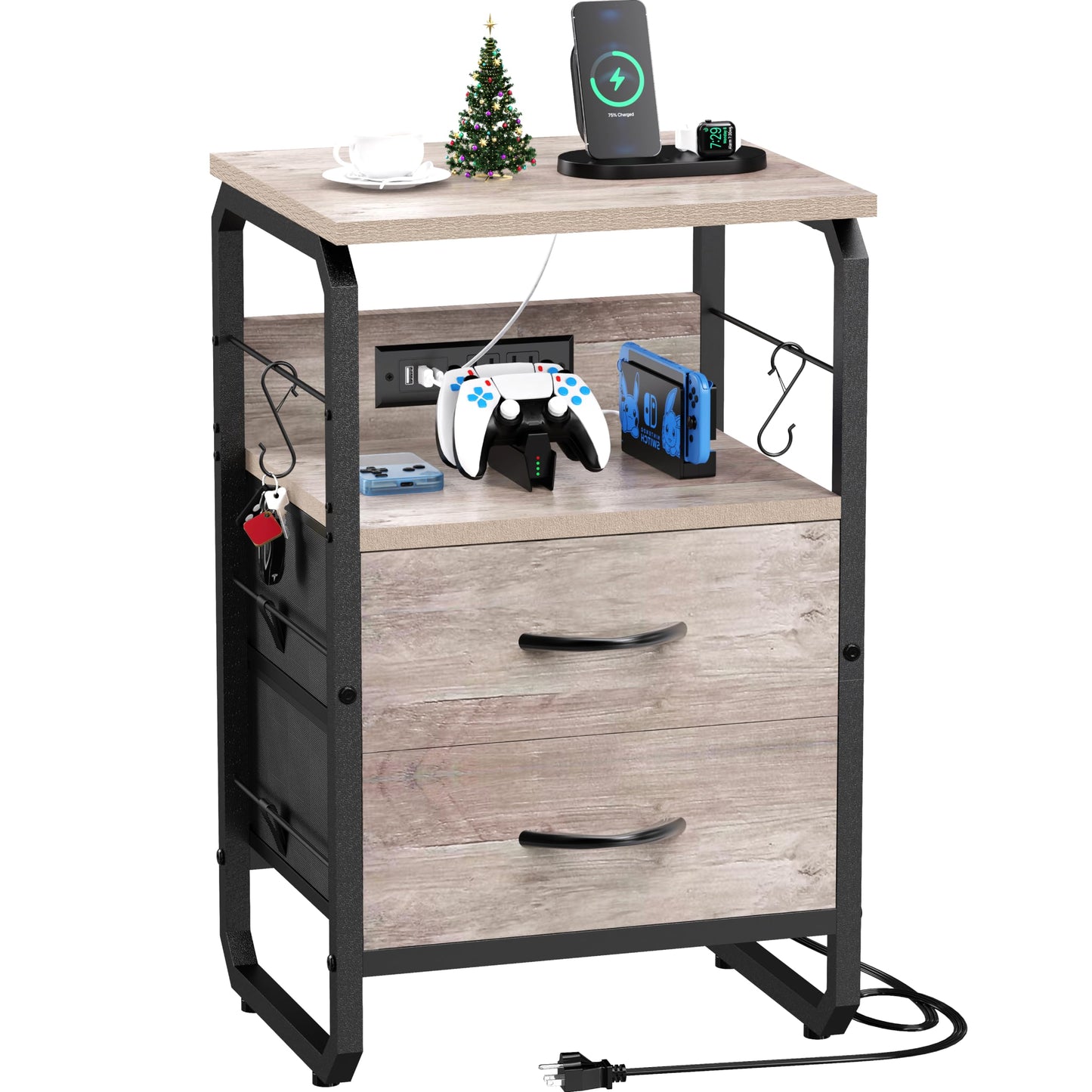 runjuly Side Table with Drawers, Night Stand with Charging Station, AC Outlets & USB C Ports, End Table with Storage, Night Tables with Hooks, Bedside Nightstand for Office, Bedroom, Dorm Greige