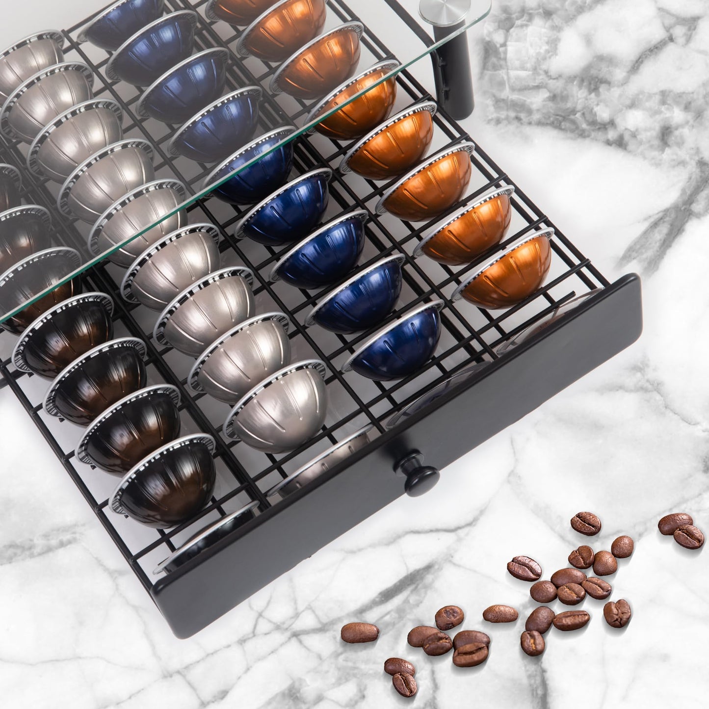 EASTSIGN Vertuo Pods Holder - Drawer Tray for 40-Vertuoline Capsules - Tempered Glass - Capsule Storage - Compatible with Nespresso Vertuoline Capsules - Pods Organizer