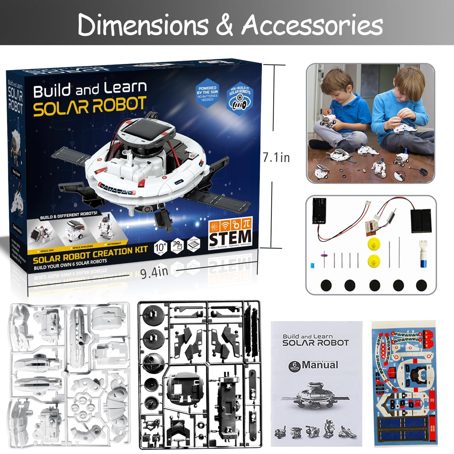 STEM Education Solar Robots Toys for Kids Age 8+, 6-in-1 DIY Space Toys Science Kit, 120 Pcs Building Experiment Robotics Set Birthday Gifts for Boys & Girls