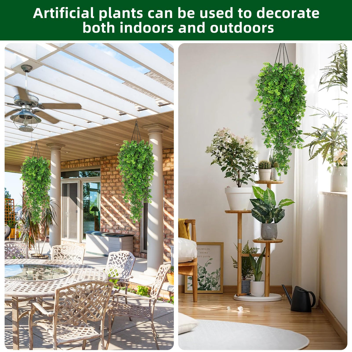 RECUTMS Fake Hanging Plants 2Pcs Artificial Outdoor Greenery UV Resistant Spring Rose Flower Plastic Plant for Outdoors Basket Home Garden Wedding Party Decorations (Green)