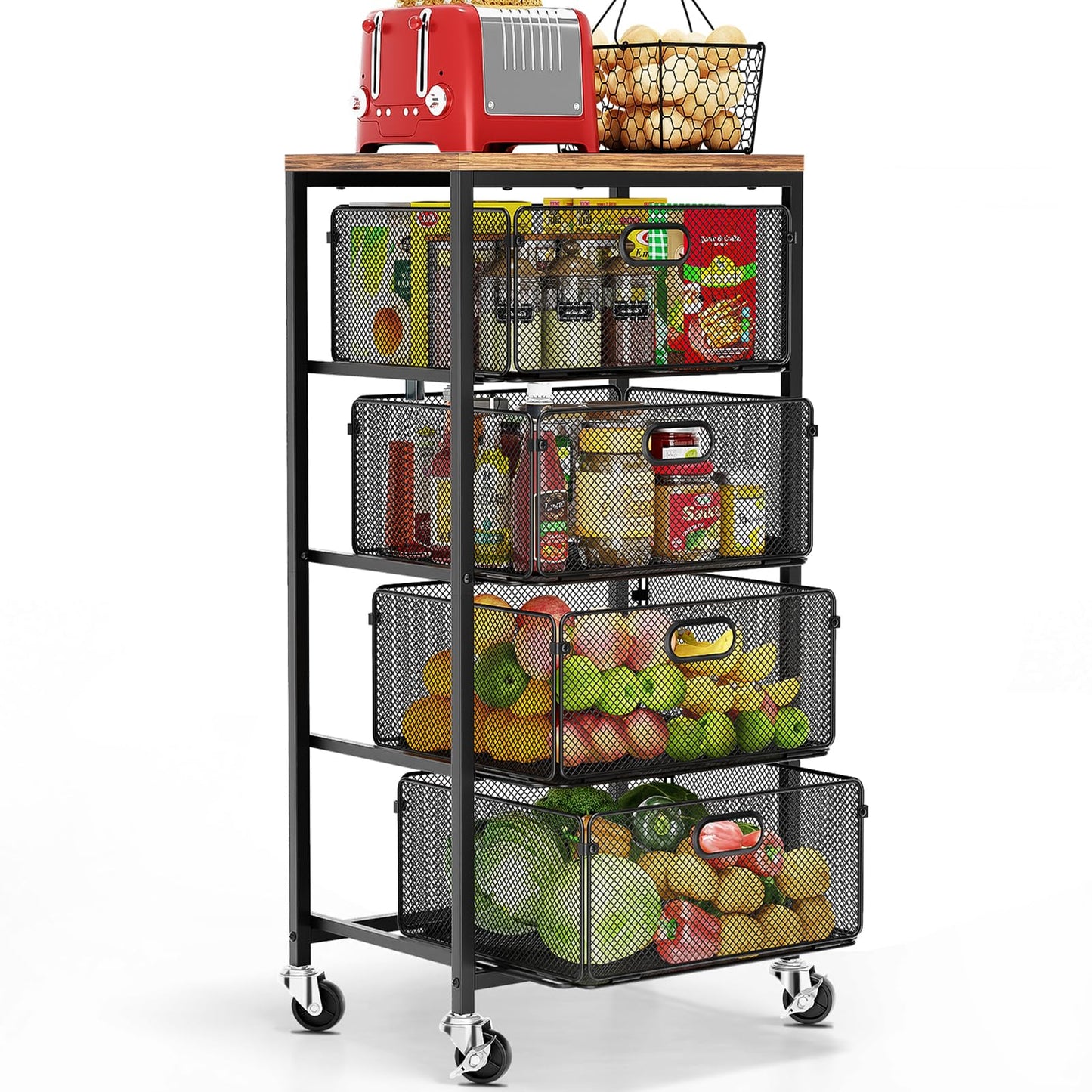 Goovilla Kitchen Cart with Drawers, 4 Tier Metal Rolling Utility Cart Organizer on Lockable Wheels with Wooden Top, Black Fruit Vegetable Storage Rack Also for Cans, Snack, Craft, Art, Office, Beauty
