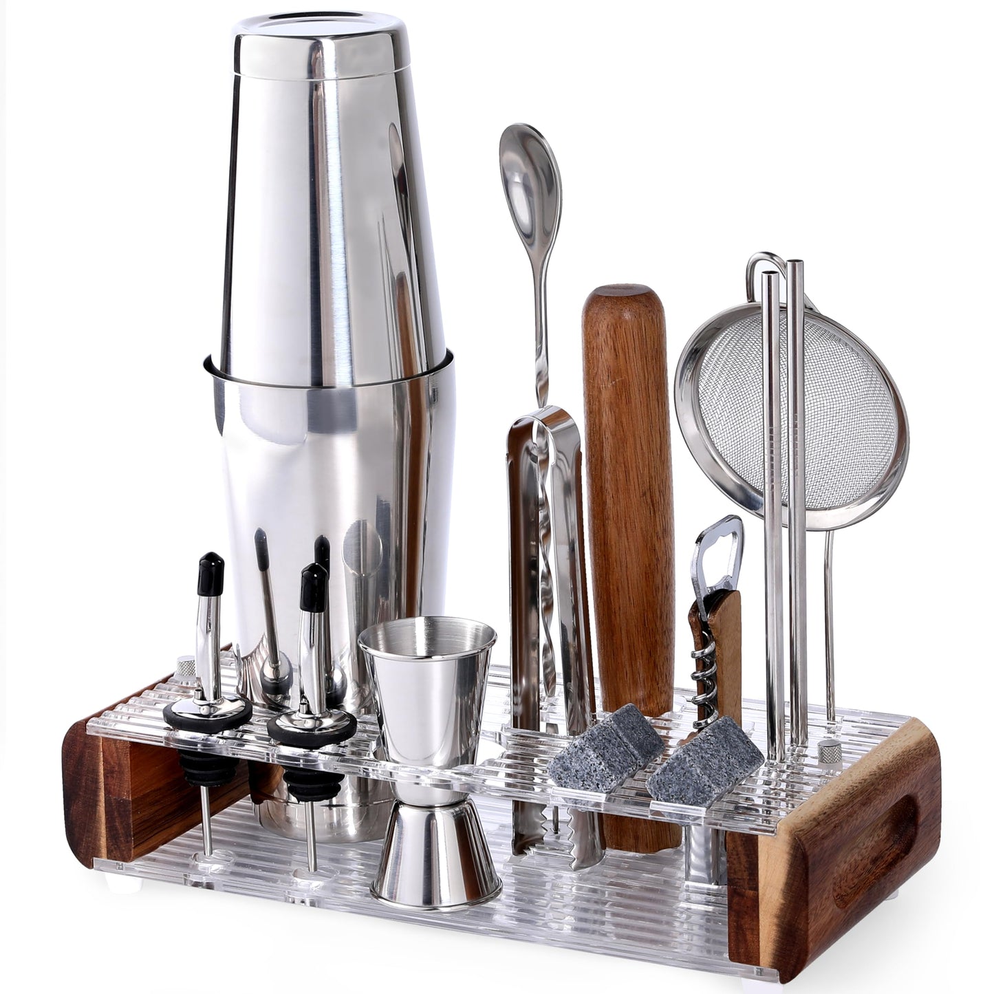 Mixology Bartender Kit with Wood Stand - 18 Piece Bar Tool Set, Silver Bar Set Boston Shaker for Drink Mixing Includes Boston Shaker, Jigger, Hawthorne Strainer, Mixer Spoon, Tongs, Opener | Gift Idea