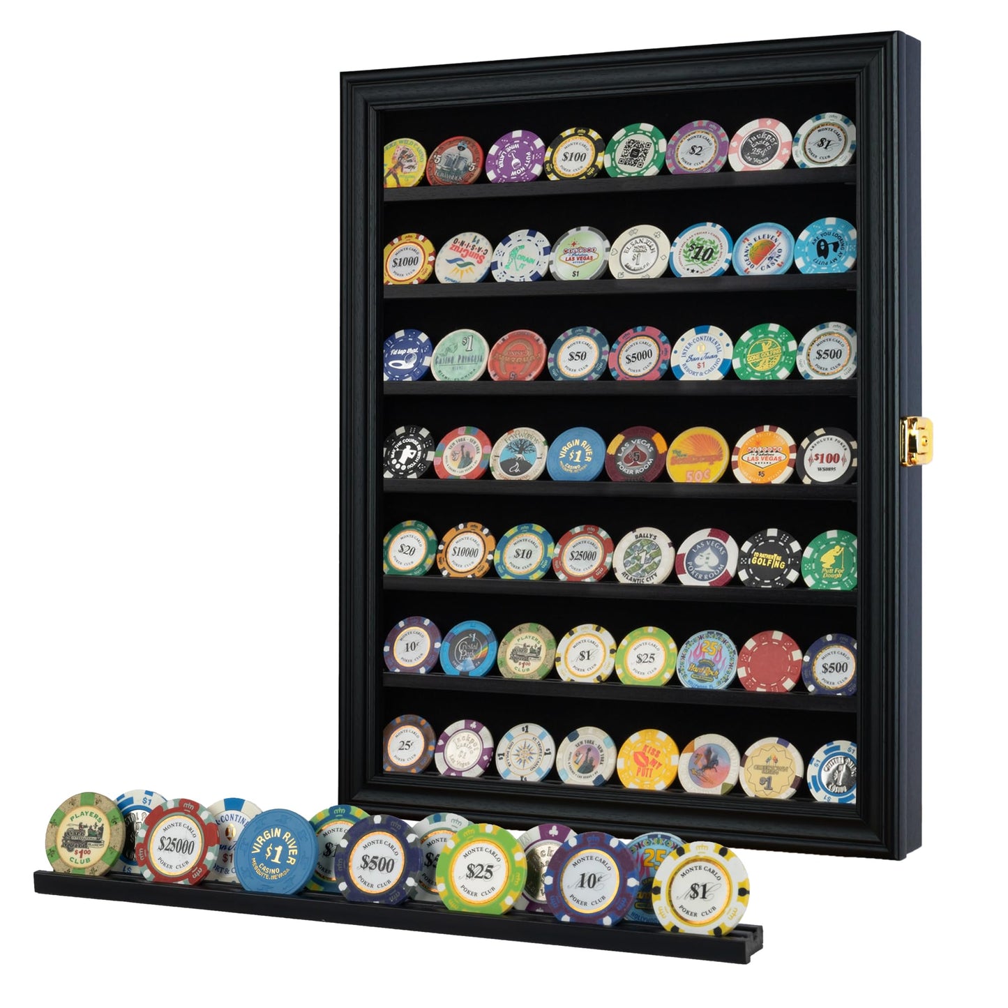 Challenge Coin/Casino Chip Display Case Cabinet Holder Shadow Box, Glass Door, Black (COIN56-BL)