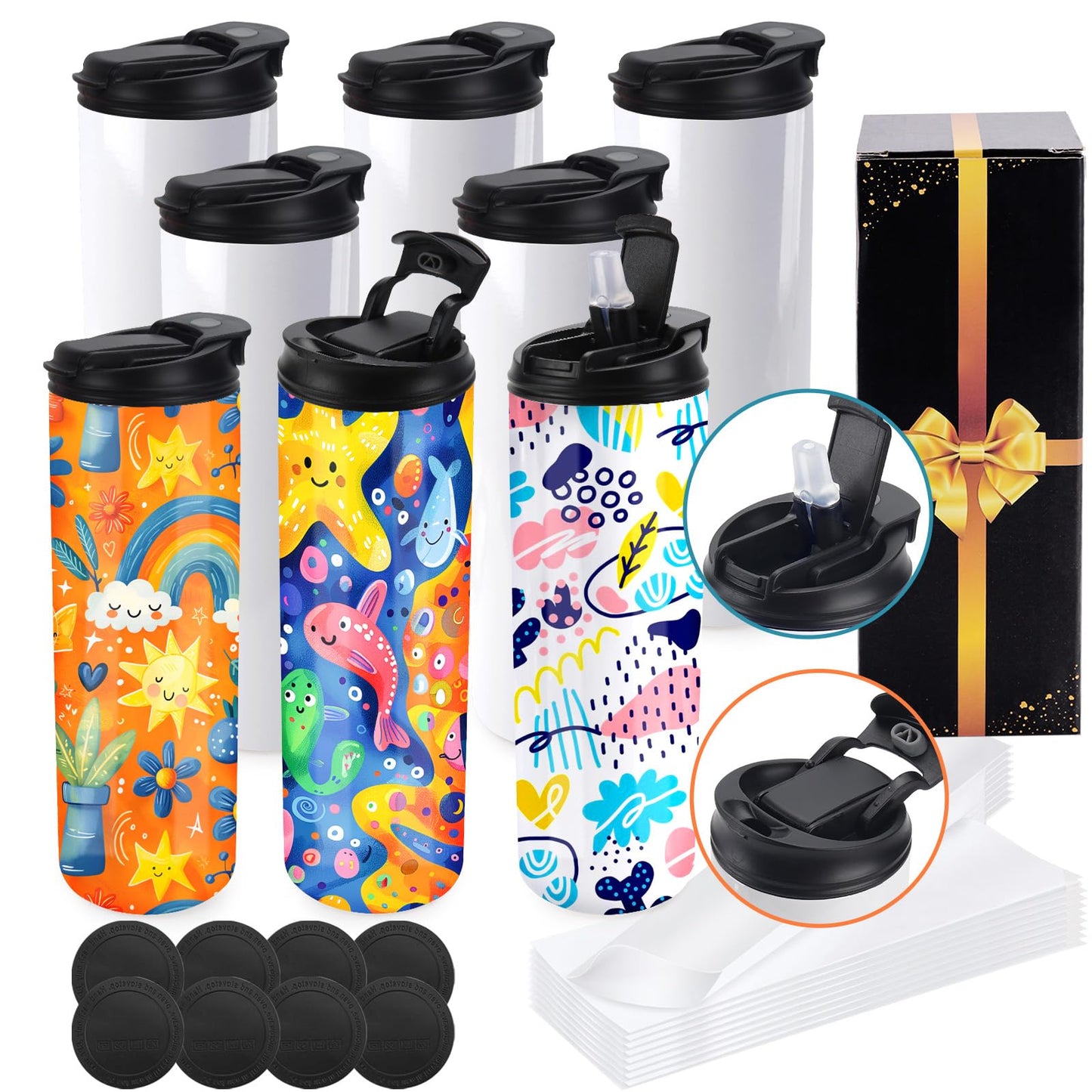 Joyclub 8 Pack Sublimation Water Bottle Blanks Dual Opening 20 oz Sublimation Tumblers with Leakproof Lid and Straw Insulated Stainless Steel Sports Cups