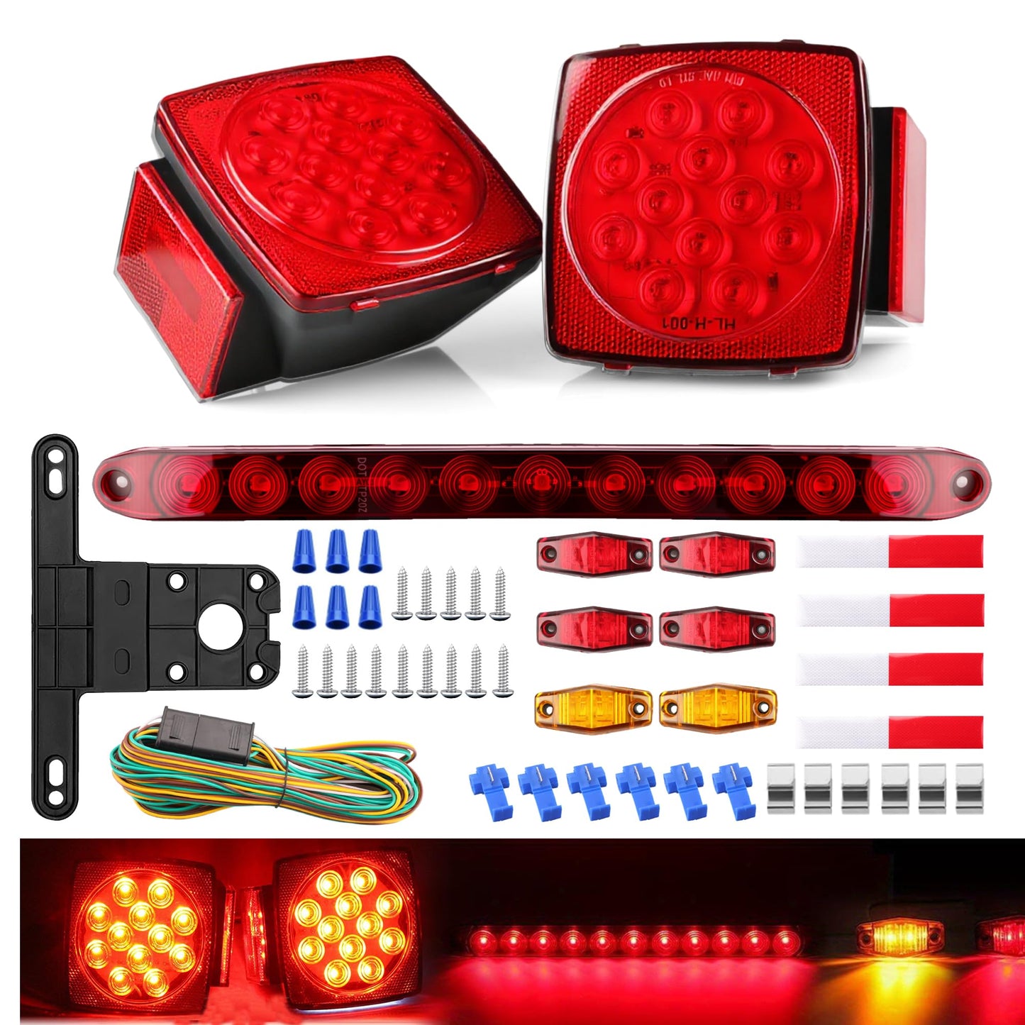 LED Trailer Light Kit, Submersible Boat Trailer Lights w/Wire Harness Kit, Square Stop Turn Tail Red/Amber Side Marker light Third Brake ID Bar for 12V Utility Boat Camper RV Trucks Marine Snowmobile