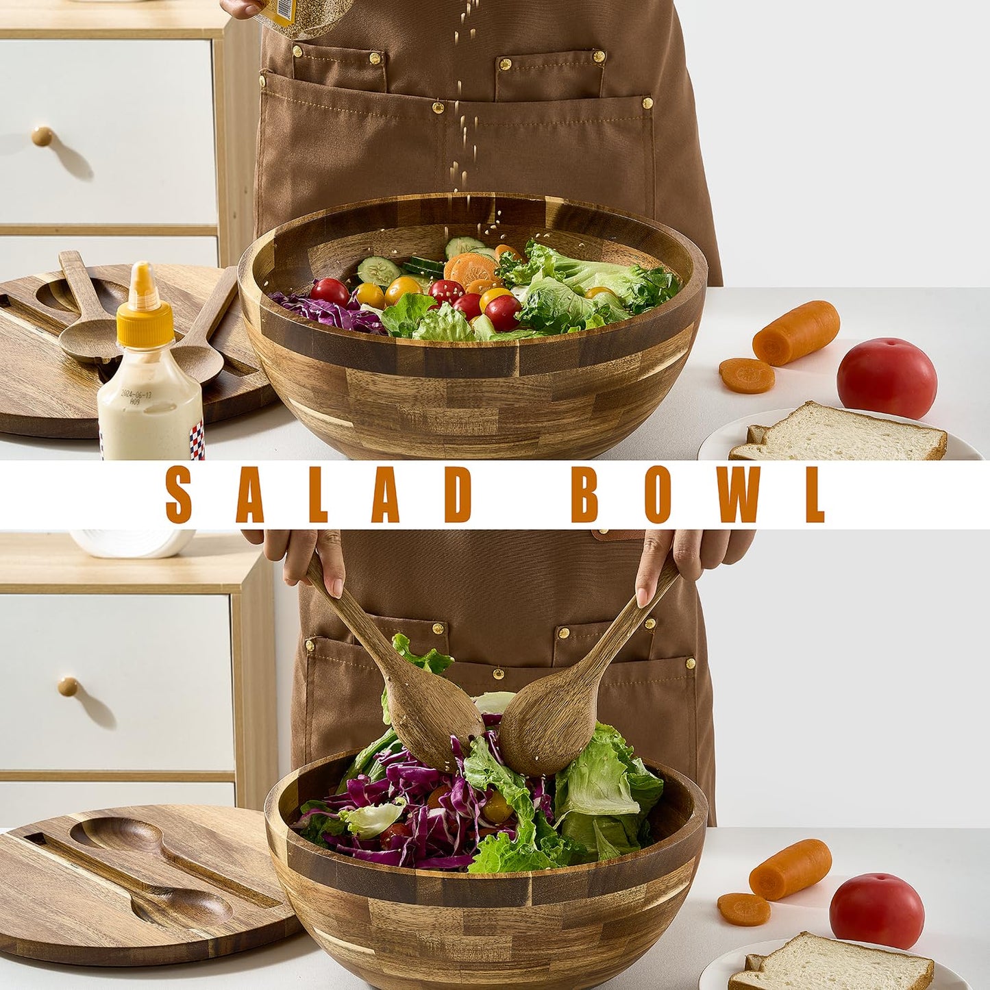 12'' Wooden Salad Bowl Large Wood Salad Bowl with Lid Acacia Wood Salad Bowls Set Mixing Bowl Serving Bowl with Servers for Salads, Pasta, Fruit, Dessert