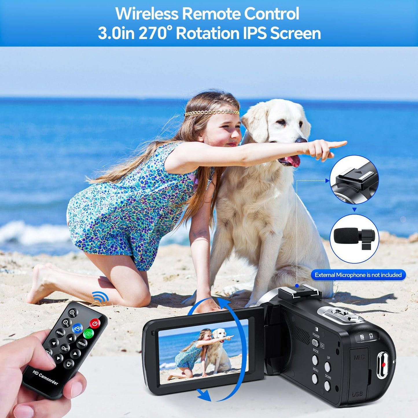 Camcorder 4K 30fps Video Camera 42MP YouTube Vlogging Camera 18x Digital Zoom Cam Corder with 3.0" 270° Rotation Screen Remote Control 32G SD Card 2 Batteries for Wedding Travel