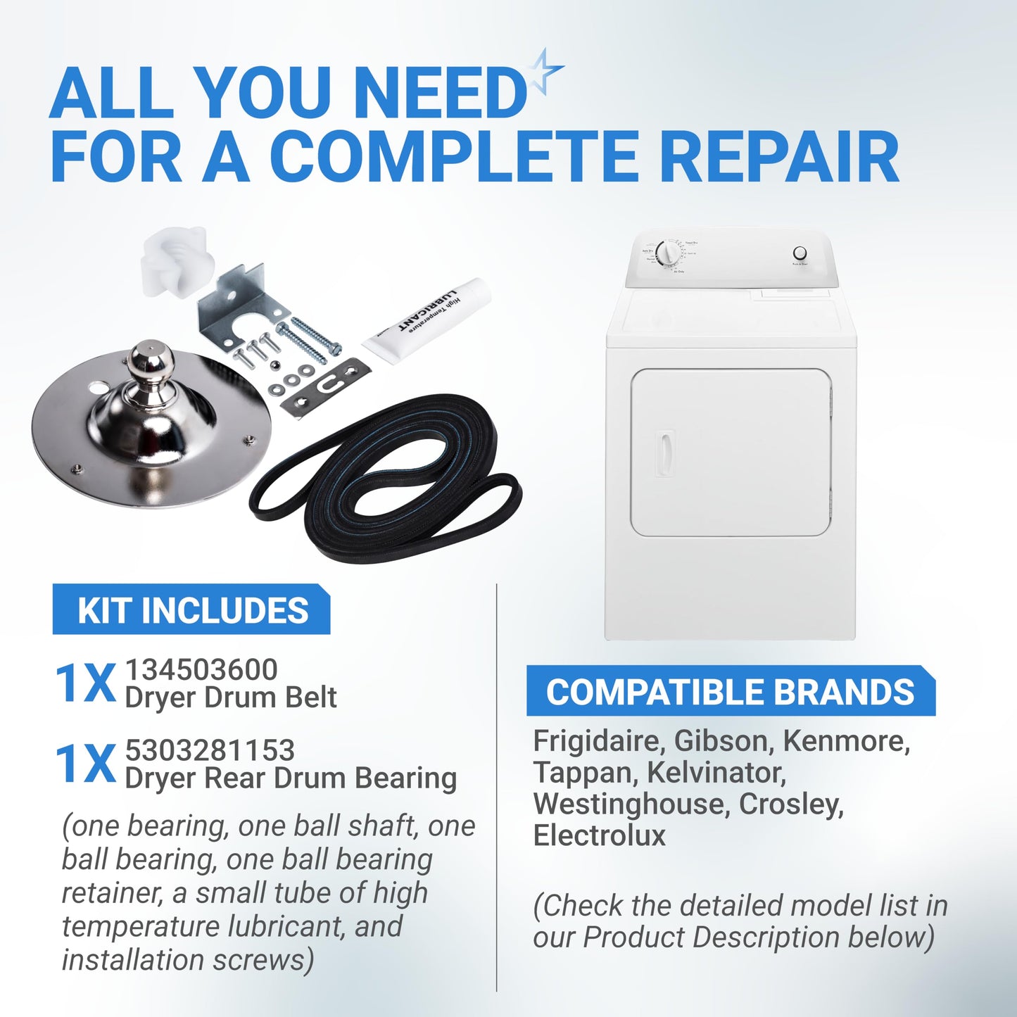 BlueStars Ultra Durable 5303281153 & 134503600 Dryer Rear Bearing Replacement - Compatible with Kenmore & Gibson Dryers - Replaces PS459829 AP2142648 PS1148434 134163400