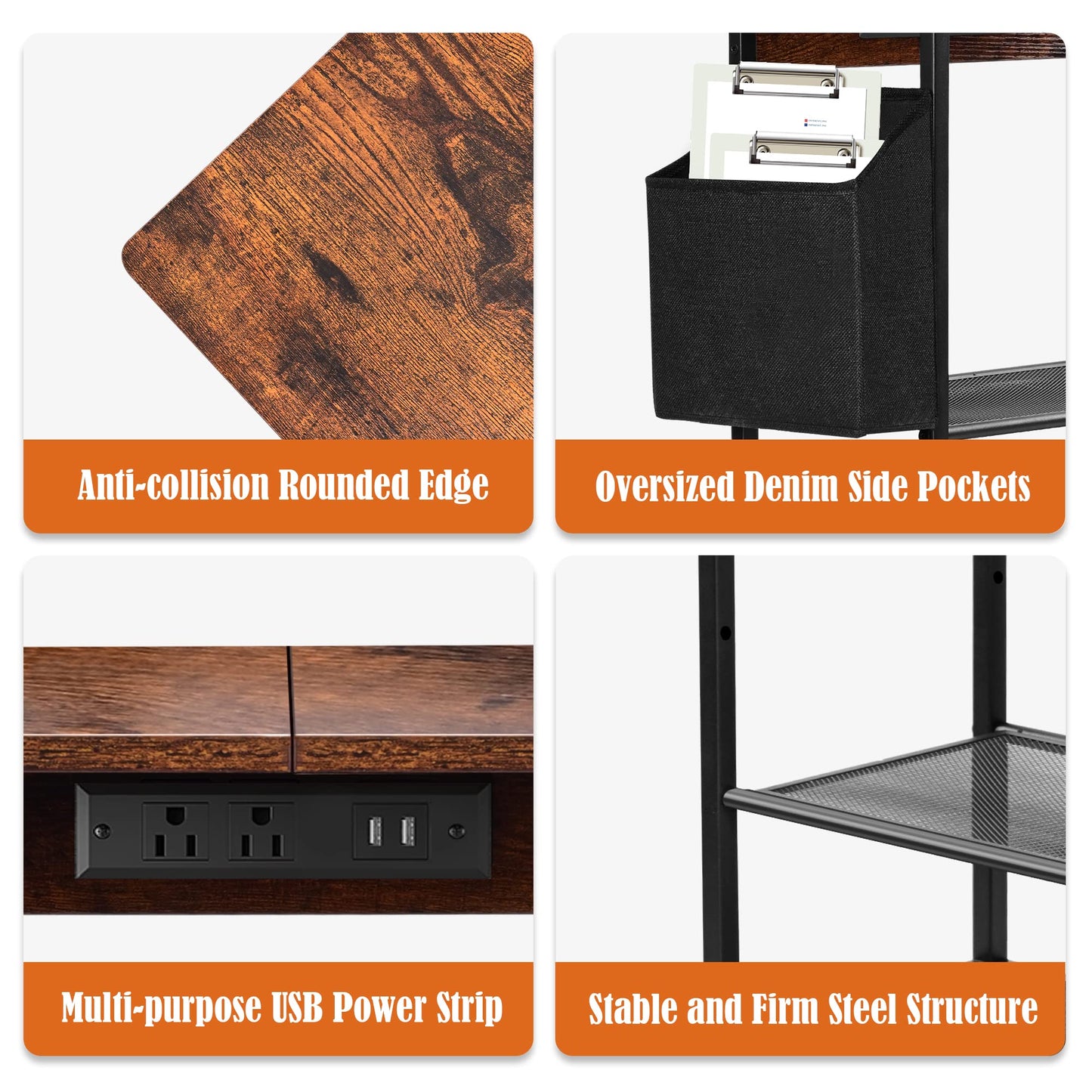 3-Tier Printer Stand with Storage - Movable Printer Table with Wheels - Printer Cart with Charging Station Adjustbale End Table for Home Office, Kitchen, Rustic Brown