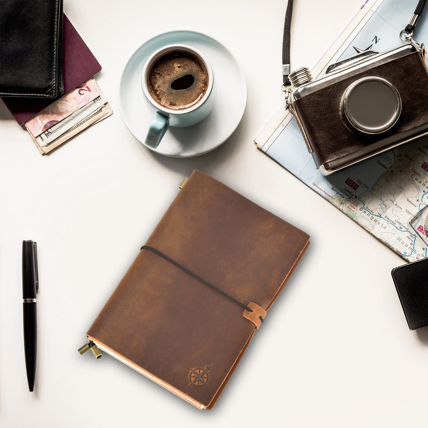 Wanderings A5 Travelers Notebook – Refillable Genuine Leather Journal – 6" x 8.7" (15 x 22cm) – Handcrafted Crazy Horse Leather – 120 GSM Blank Inserts – Travel Journal